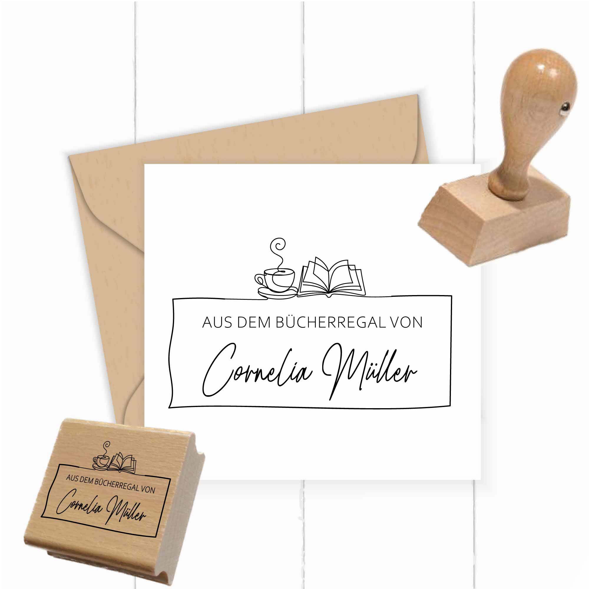 personalisierter Exlibris Stempel <br>Buch & Tasse für Lesegenuss mit Stil - ST0519