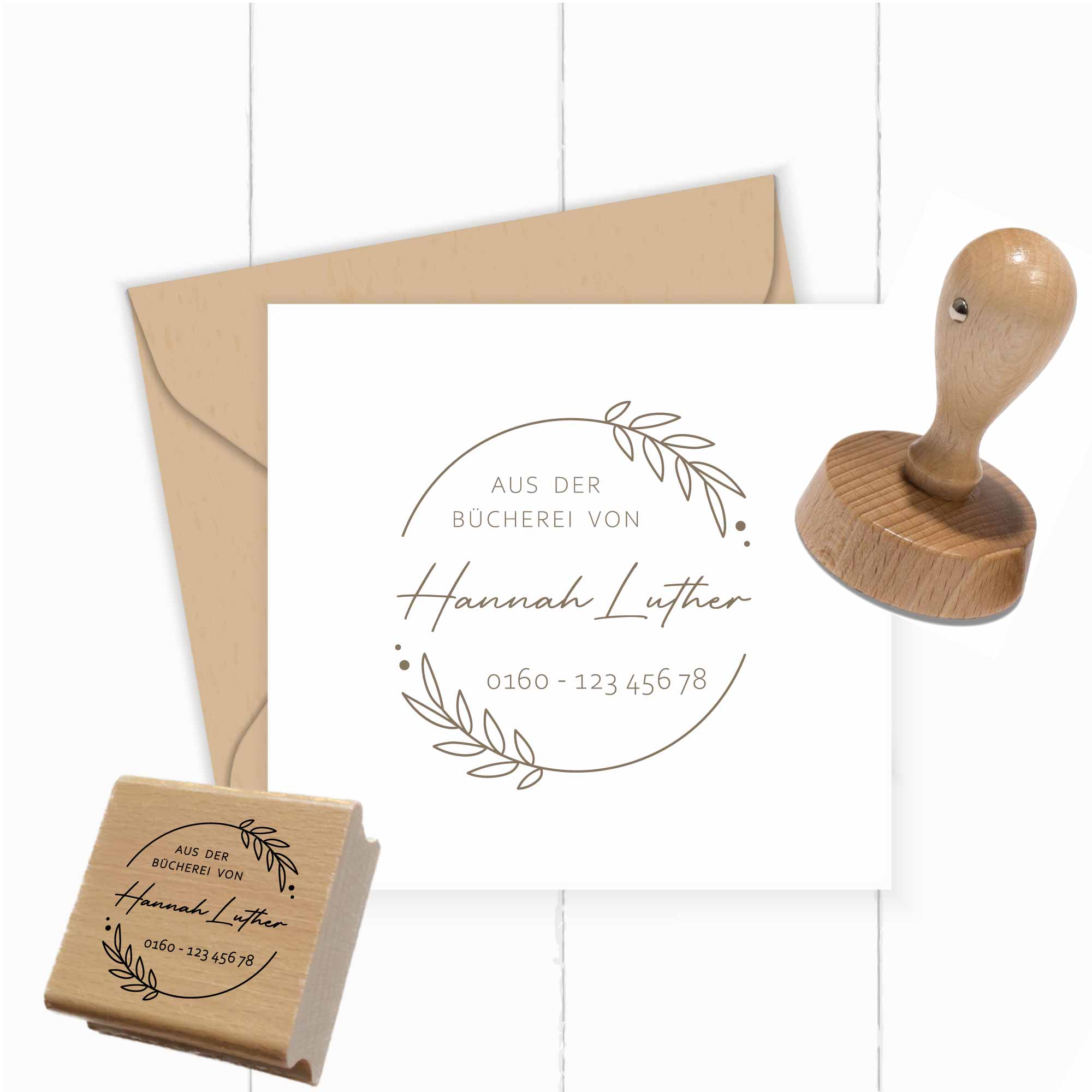 Exlibris Stempel | Blätterkranz – mit Name & Telefonnummer - ST0506
