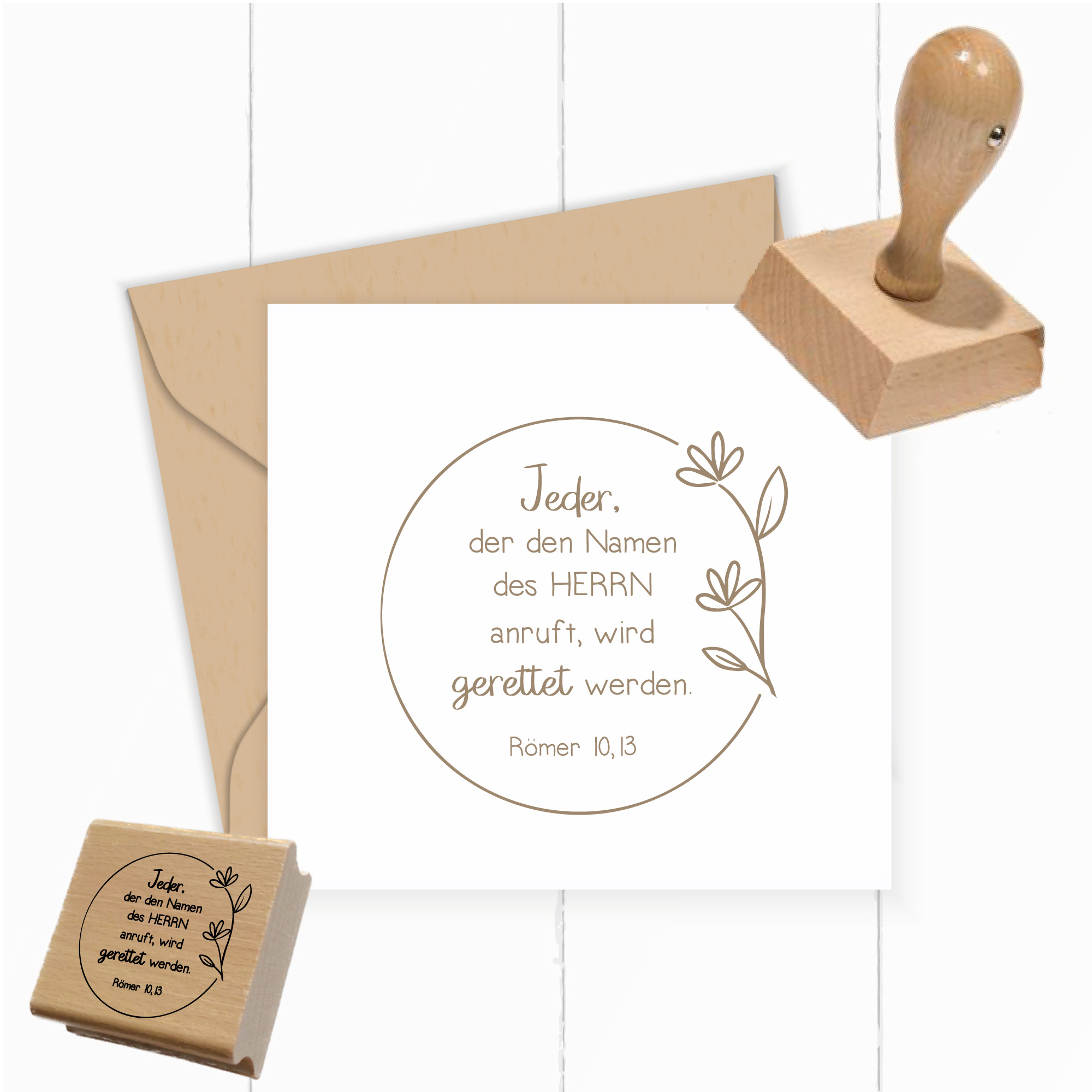 Bibelvers Stempel Jeder, der den Namen des Herrn anruft, wird gerettet werden. Römer 10,13 - ST0534
