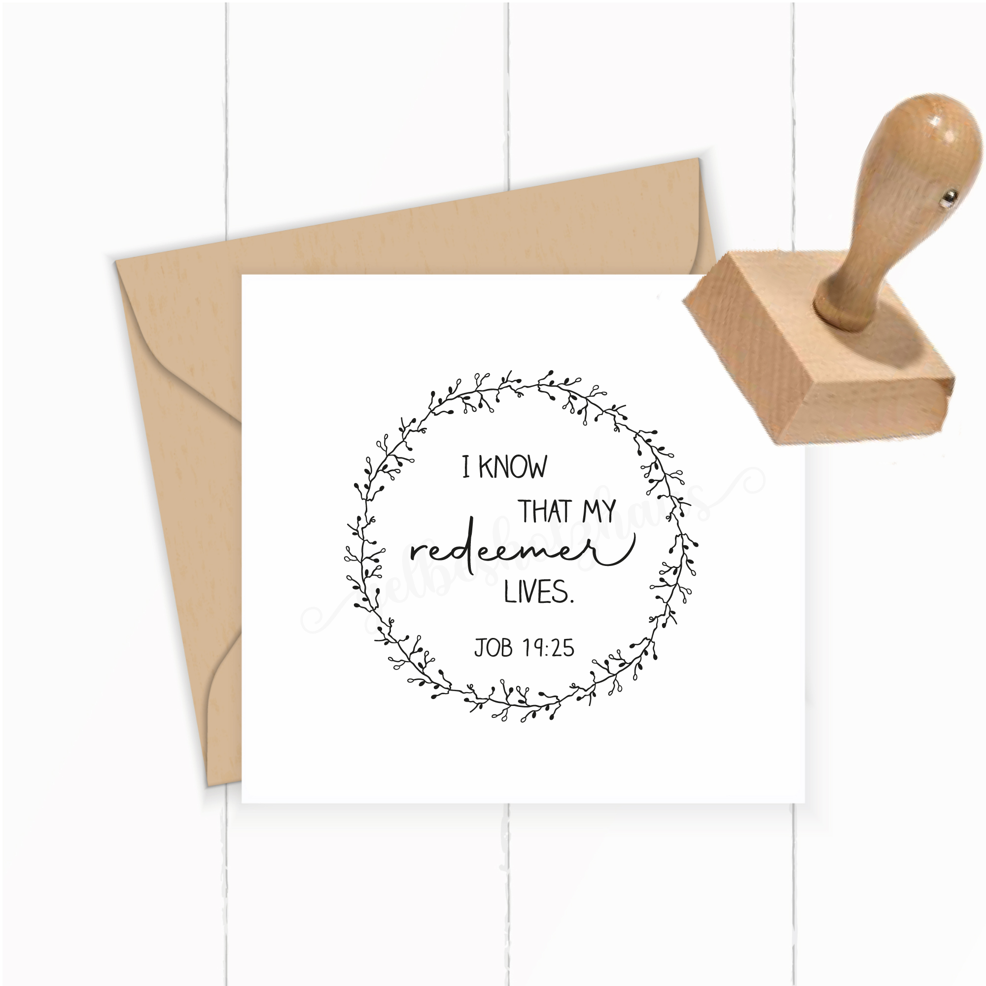 Stempel "I know that my redeemer lives" Hiob 19,25 | Christlicher Stempel mit Kranz für Karten, Journaling & Geschenke - ST0639