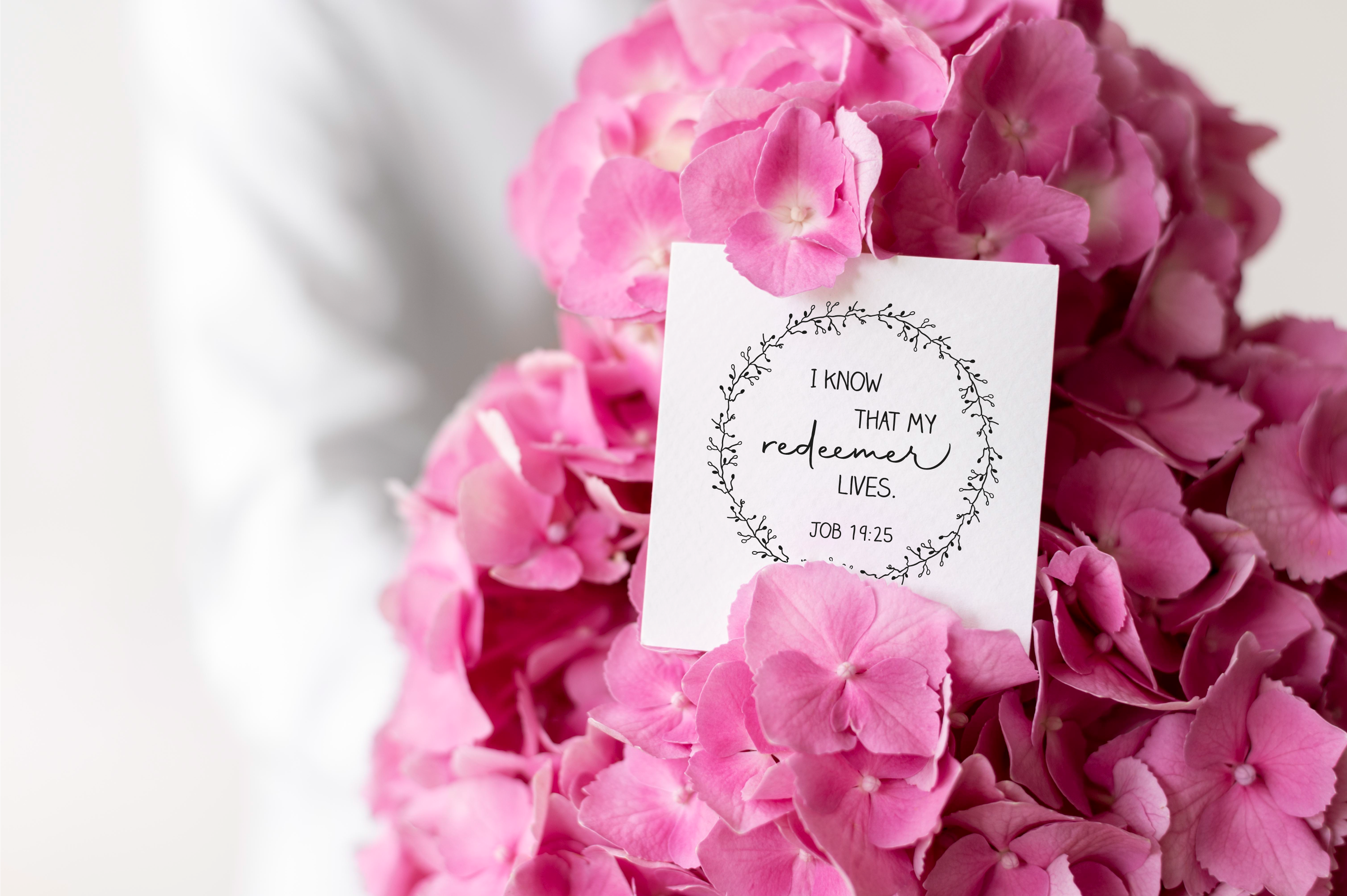 Stempel "I know that my redeemer lives" Hiob 19,25 | Christlicher Stempel mit Kranz für Karten, Journaling & Geschenke
