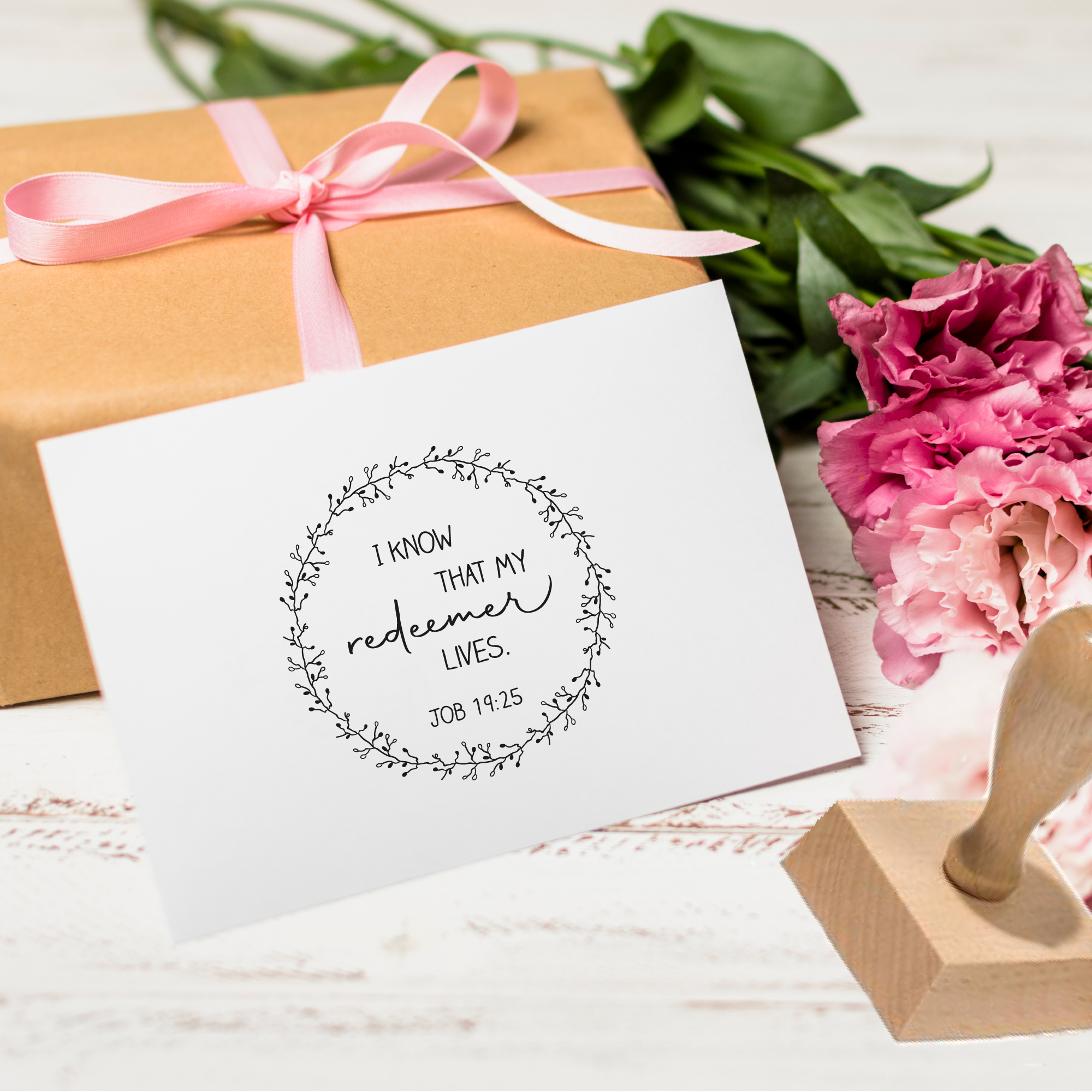 Stempel "I know that my redeemer lives" Hiob 19,25 | Christlicher Stempel mit Kranz für Karten, Journaling & Geschenke