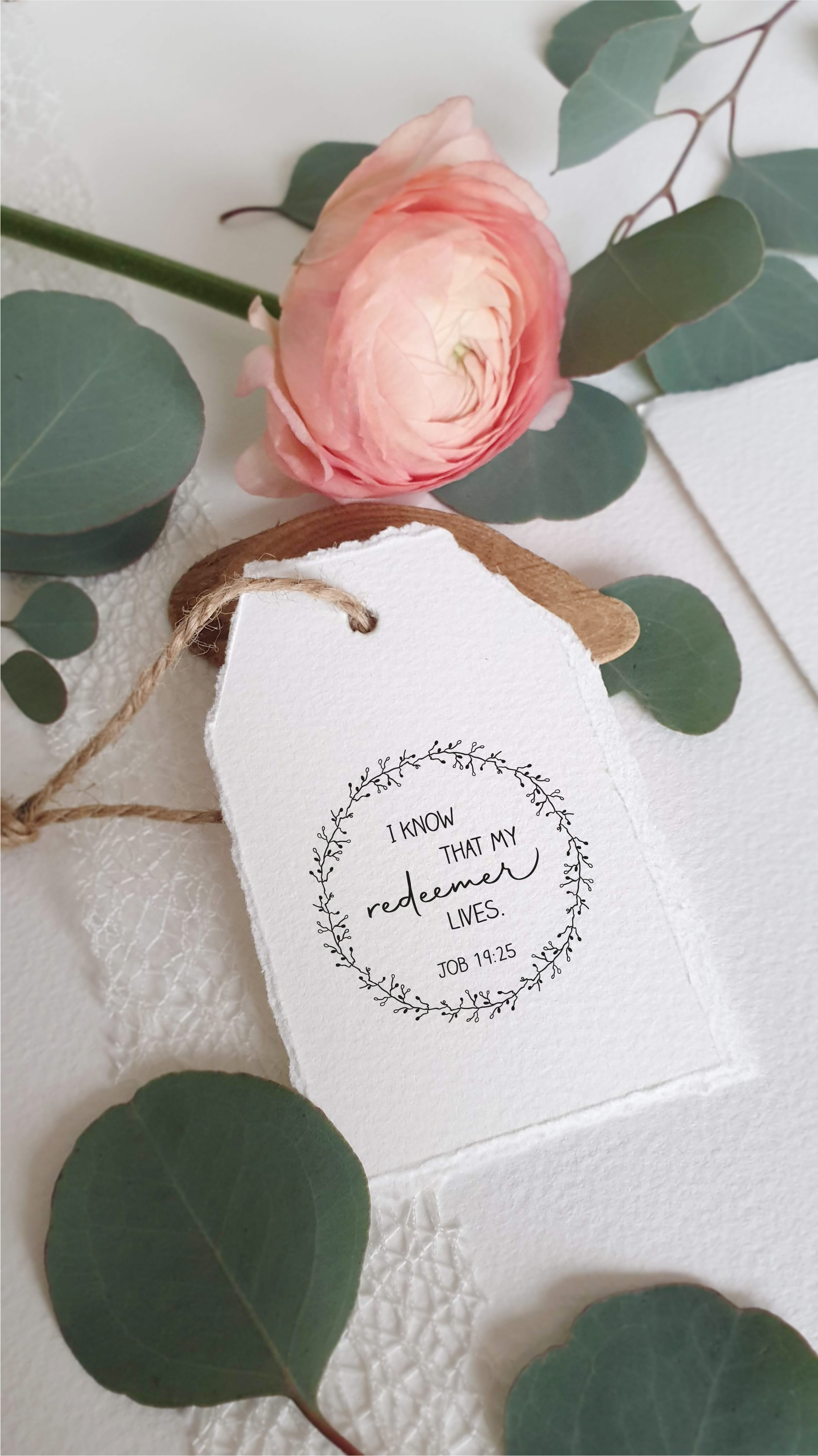 Stempel "I know that my redeemer lives" Hiob 19,25 | Christlicher Stempel mit Kranz für Karten, Journaling & Geschenke
