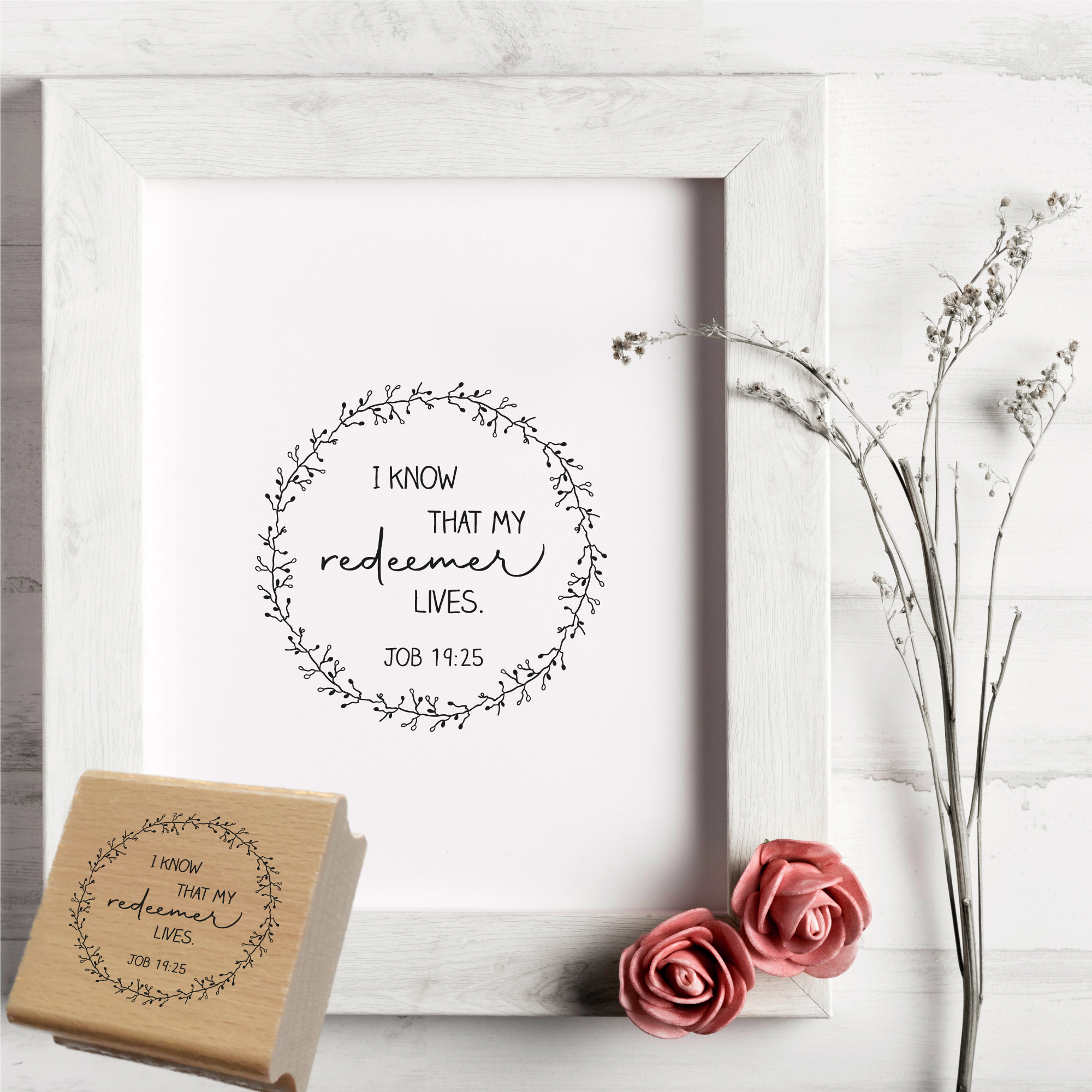 Stempel "I know that my redeemer lives" Hiob 19,25 | Christlicher Stempel mit Kranz für Karten, Journaling & Geschenke