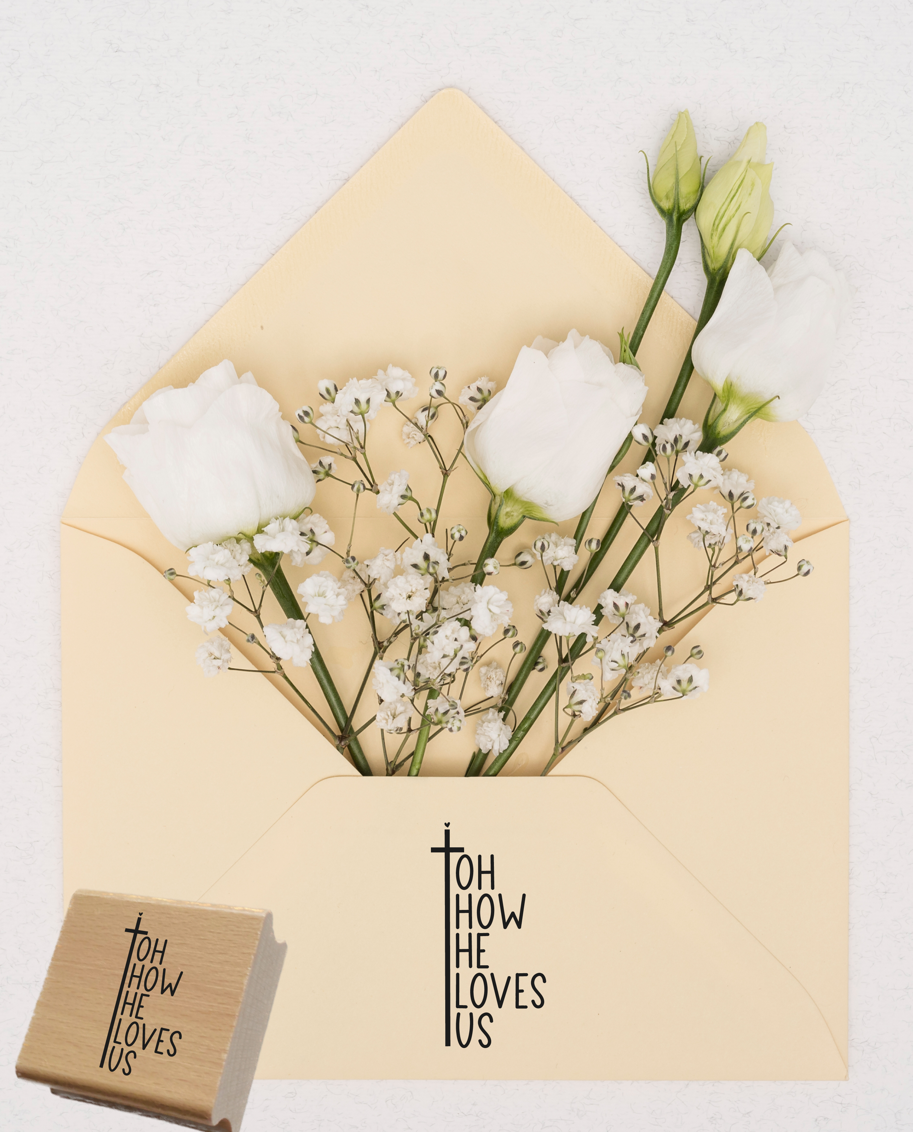 Christlicher Stempel „Oh how He loves us“ – Bibelvers Stempel mit Kreuz & Herz | Glaube & Liebe