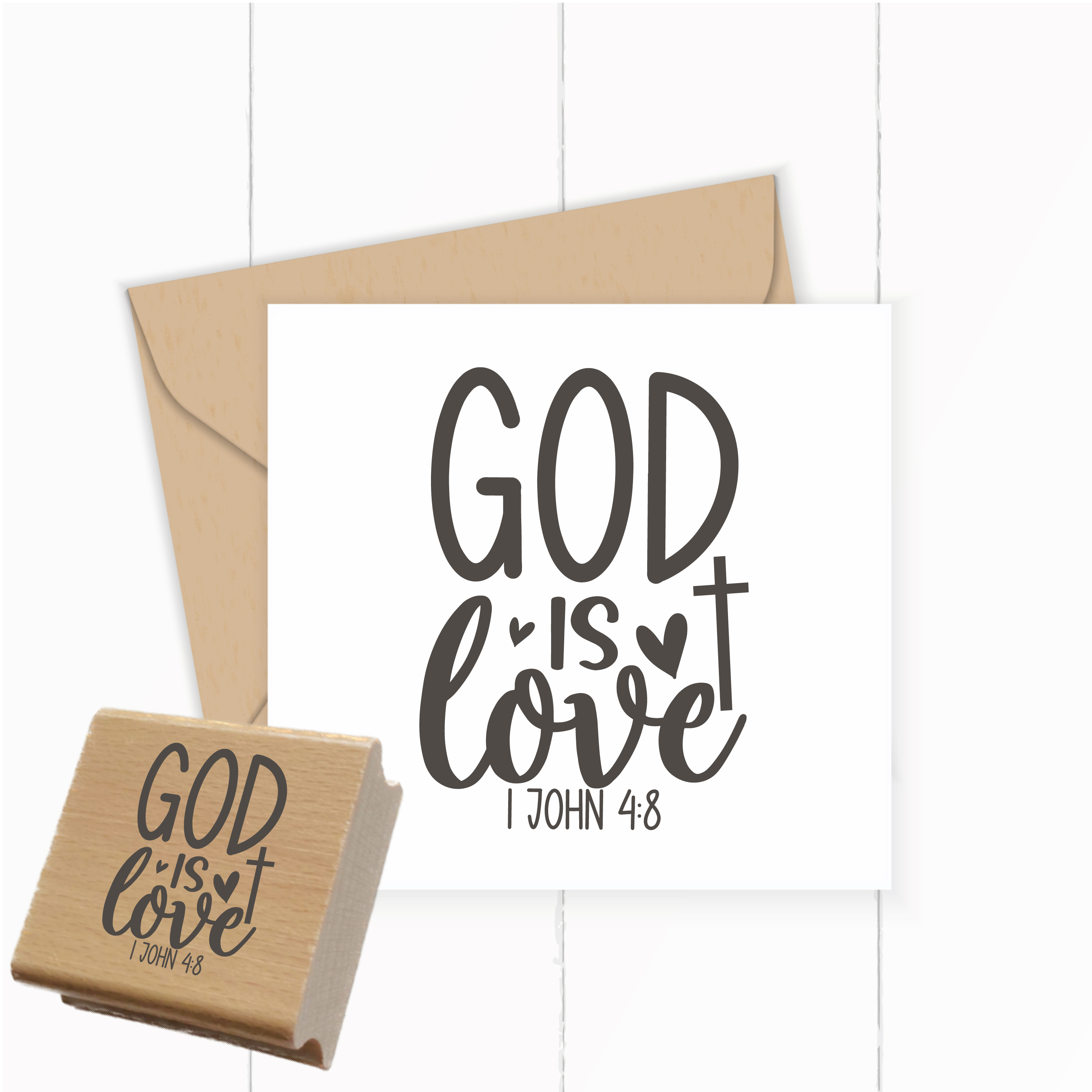 Bibelvers-Stempel "God is Love" 1. John 4:8 | Motivstempel mit Kreuz & Herzen | Holzstempel & Selbstfärber - ST0644