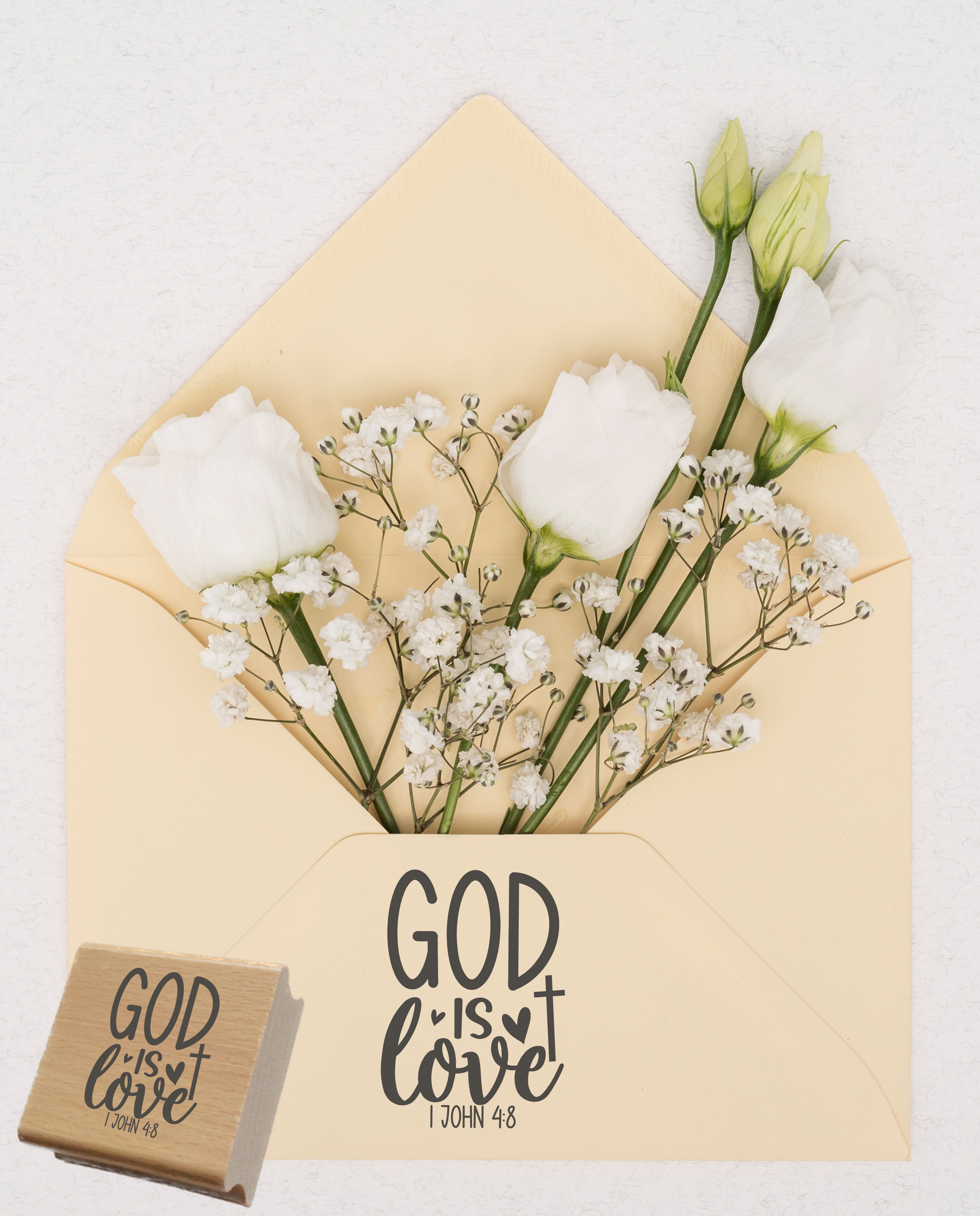 Bibelvers-Stempel "God is Love" 1. John 4:8 | Motivstempel mit Kreuz & Herzen | Holzstempel & Selbstfärber