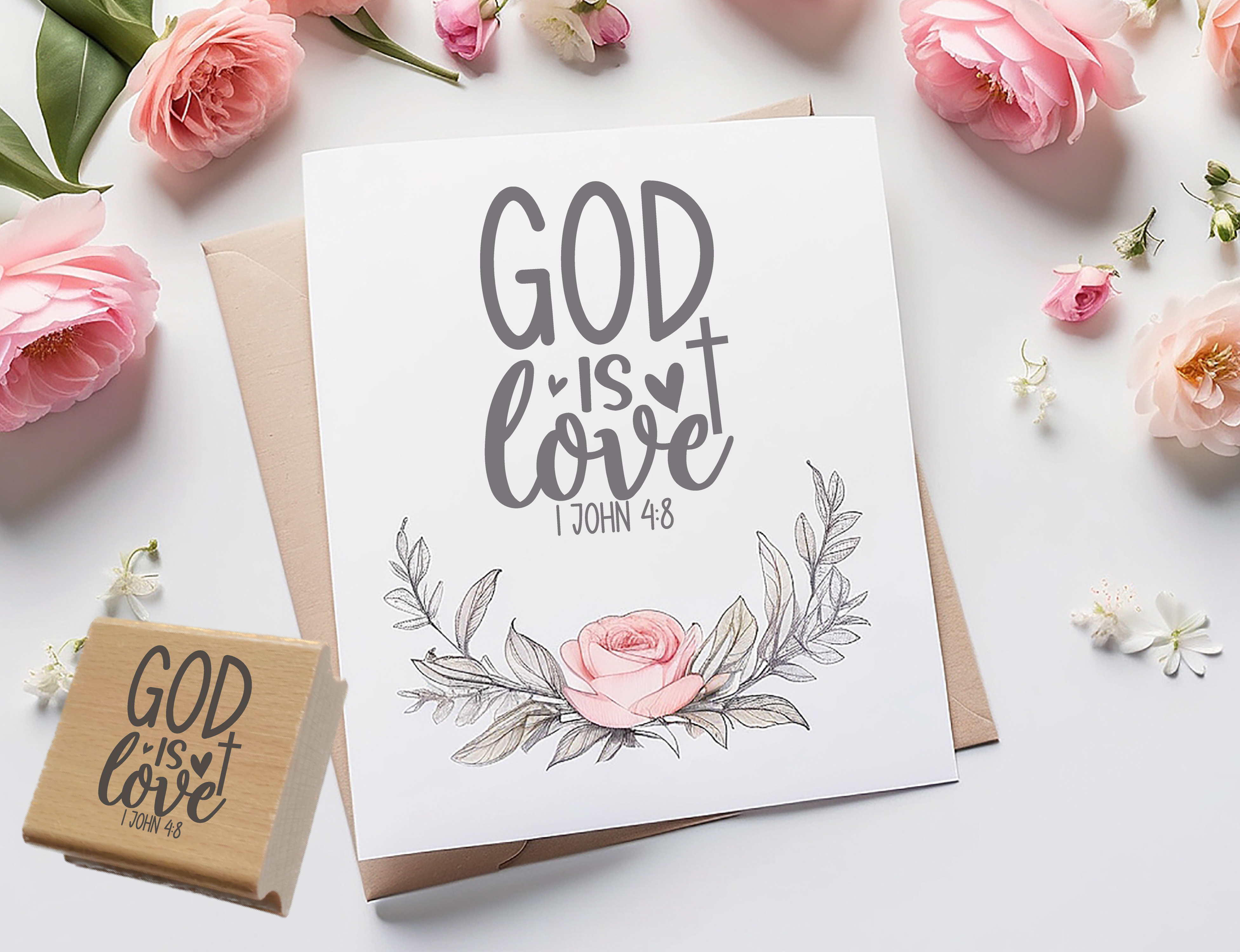 Bibelvers-Stempel "God is Love" 1. John 4:8 | Motivstempel mit Kreuz & Herzen | Holzstempel & Selbstfärber