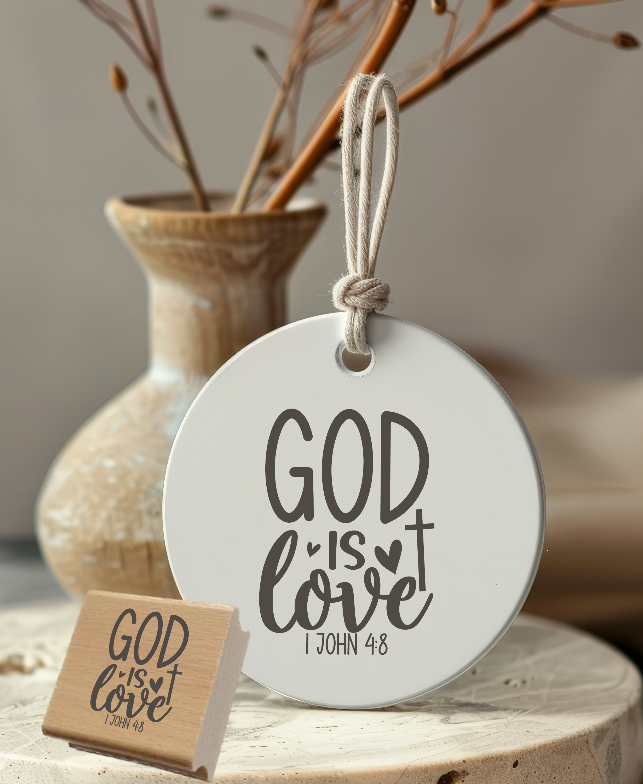 Bibelvers-Stempel "God is Love" 1. John 4:8 | Motivstempel mit Kreuz & Herzen | Holzstempel & Selbstfärber
