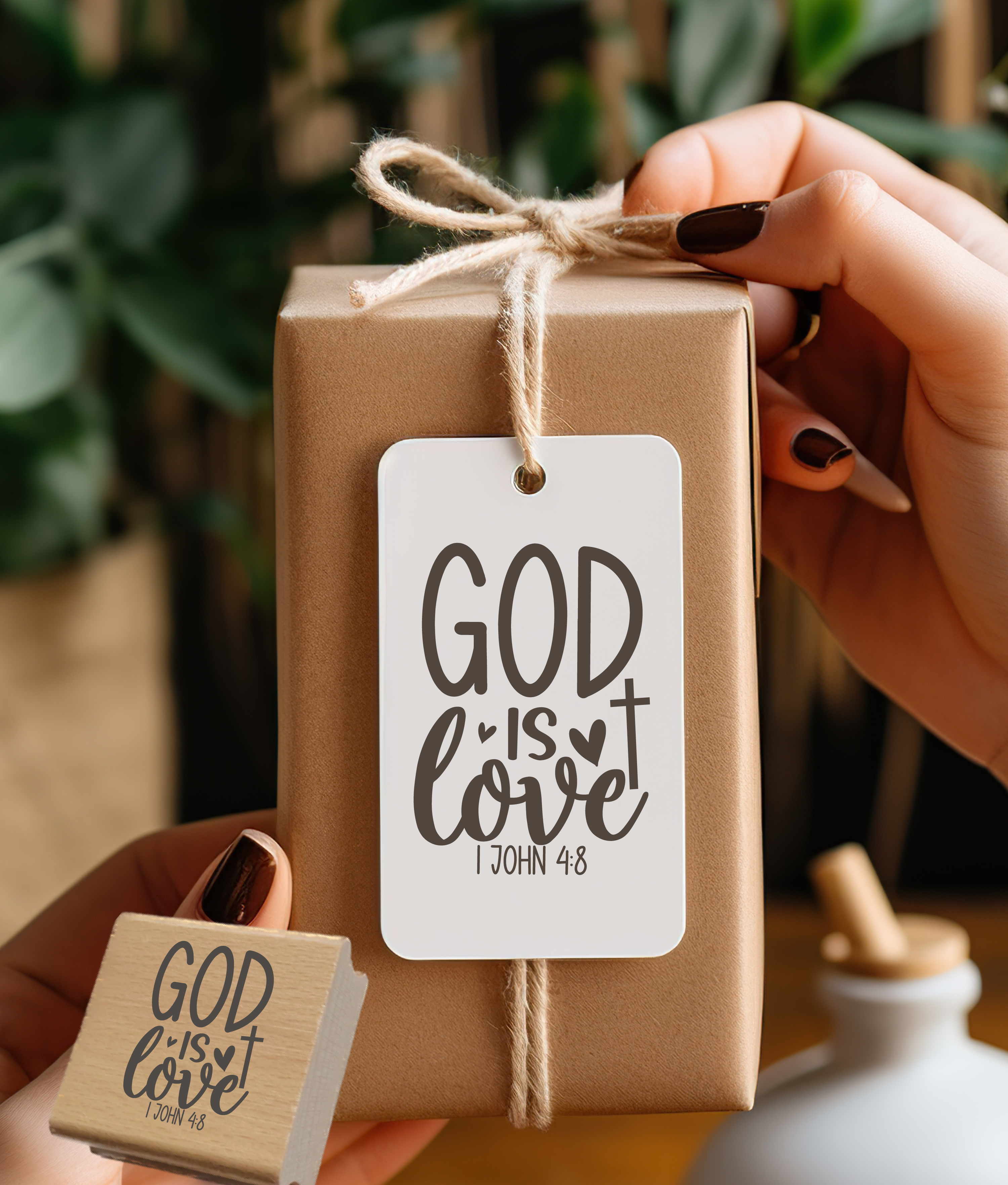 Bibelvers-Stempel "God is Love" 1. John 4:8 | Motivstempel mit Kreuz & Herzen | Holzstempel & Selbstfärber