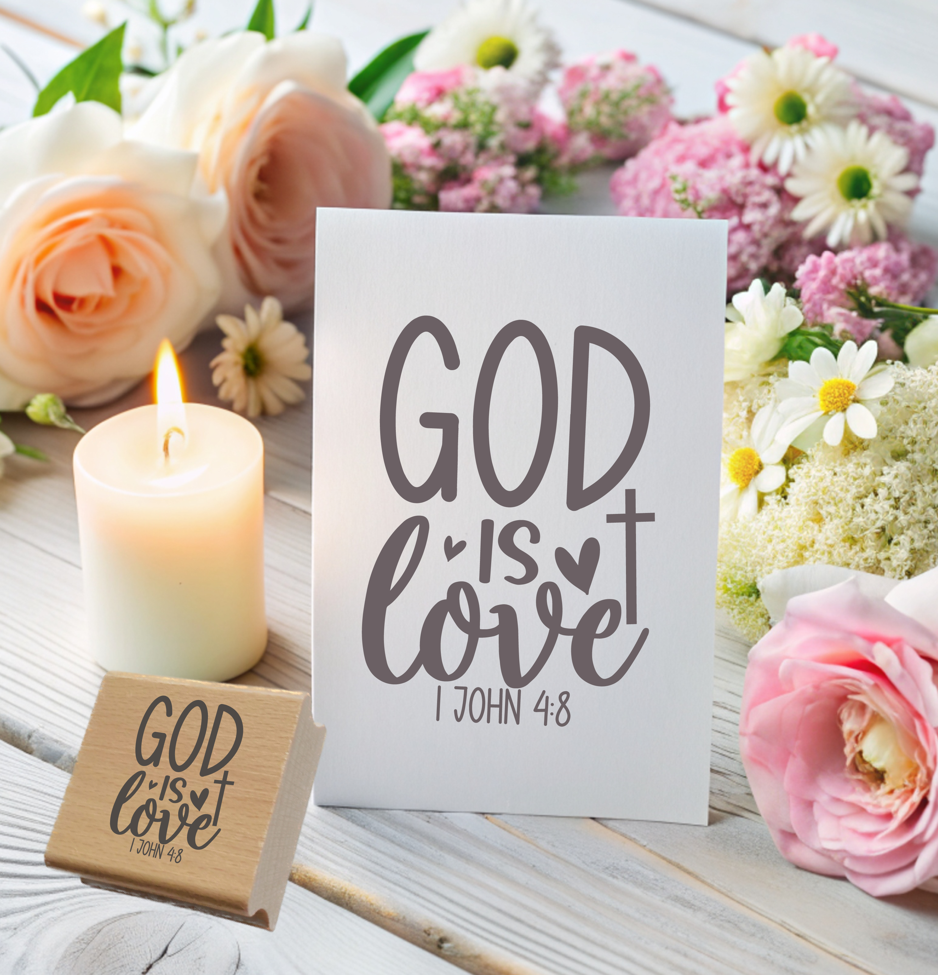 Bibelvers-Stempel "God is Love" 1. John 4:8 | Motivstempel mit Kreuz & Herzen | Holzstempel & Selbstfärber