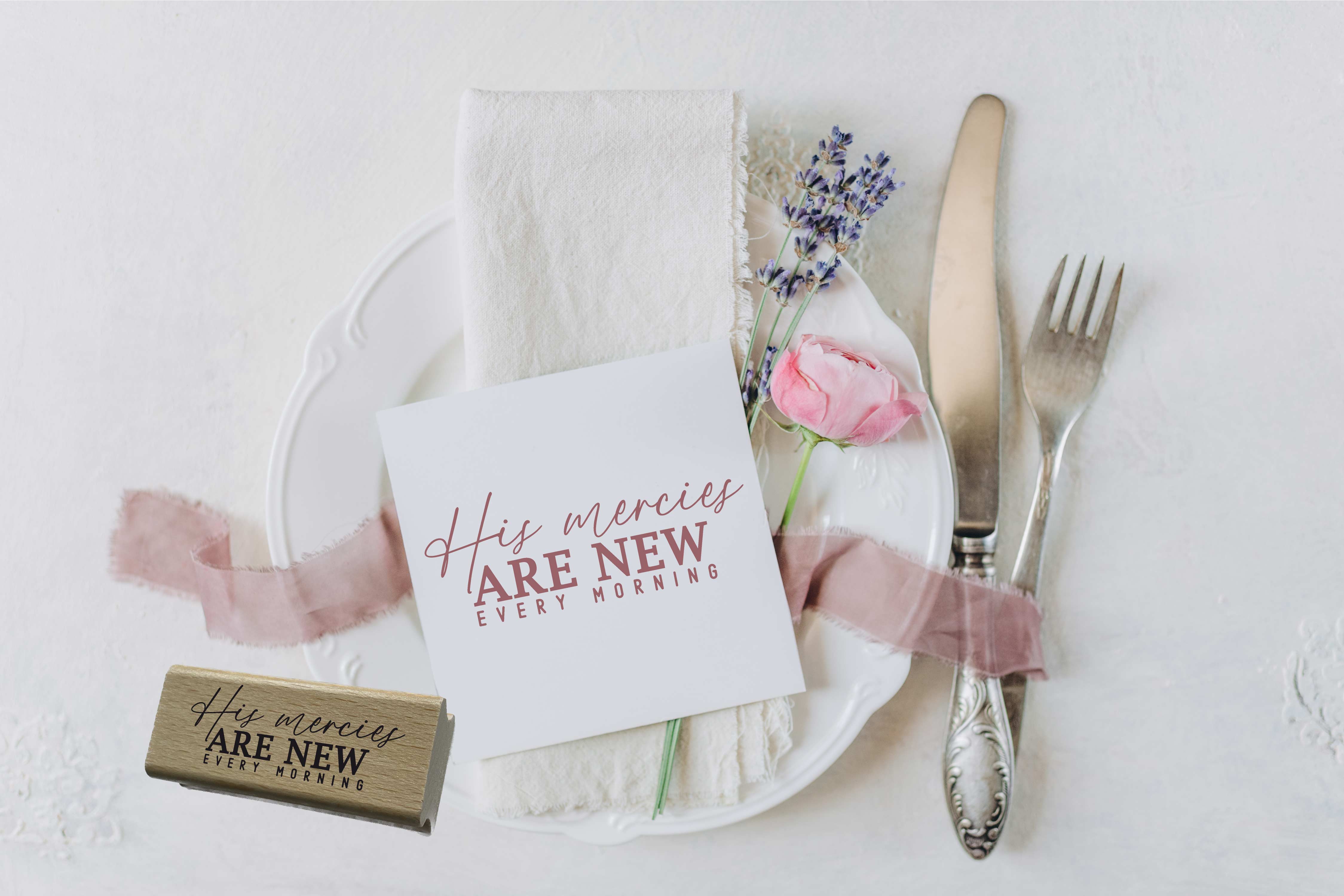 Bibelvers-Stempel "His mercies are new every morning" | Modernes Lettering | Holzstempel & Selbstfärber