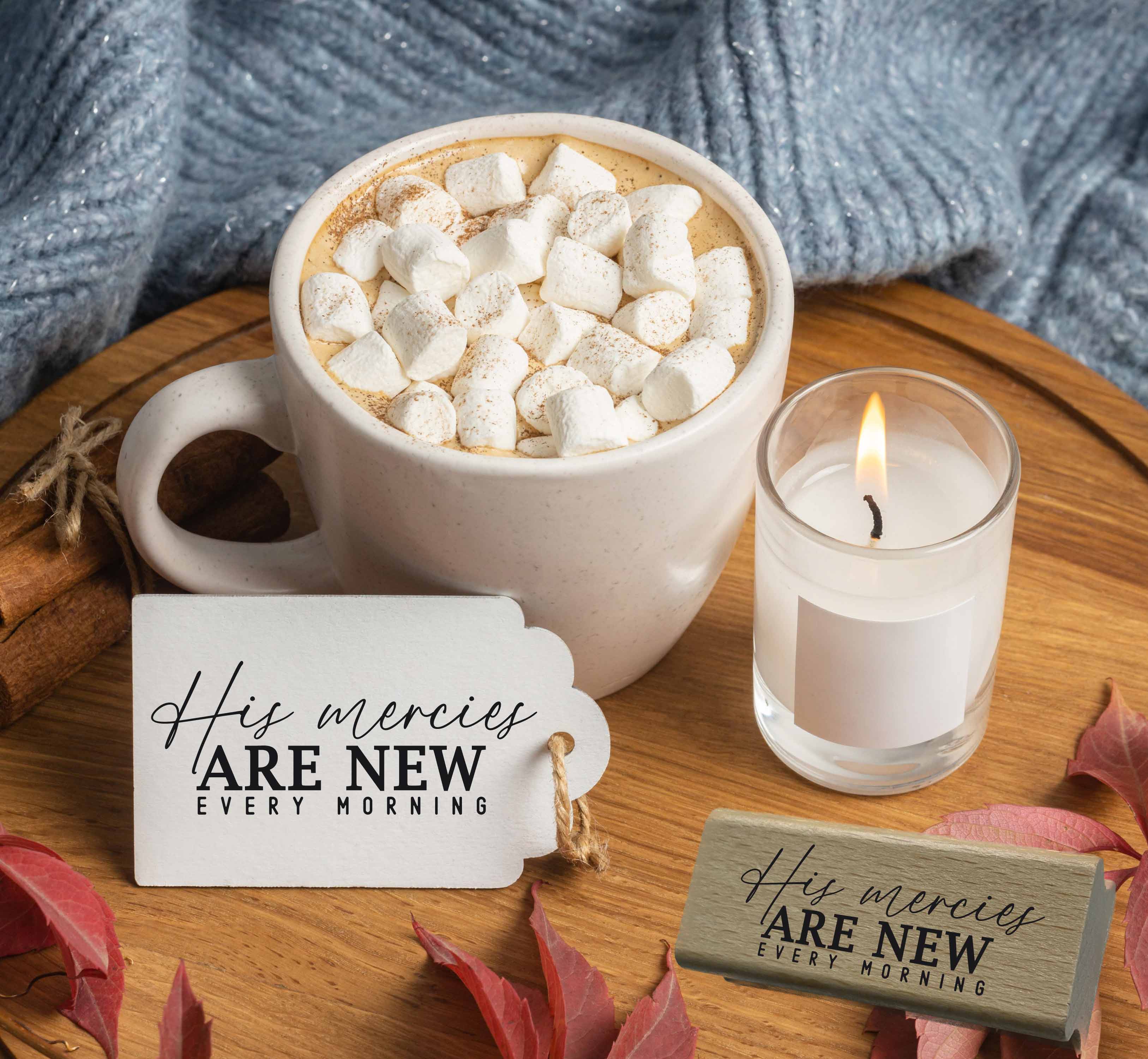 Bibelvers-Stempel "His mercies are new every morning" | Modernes Lettering | Holzstempel & Selbstfärber