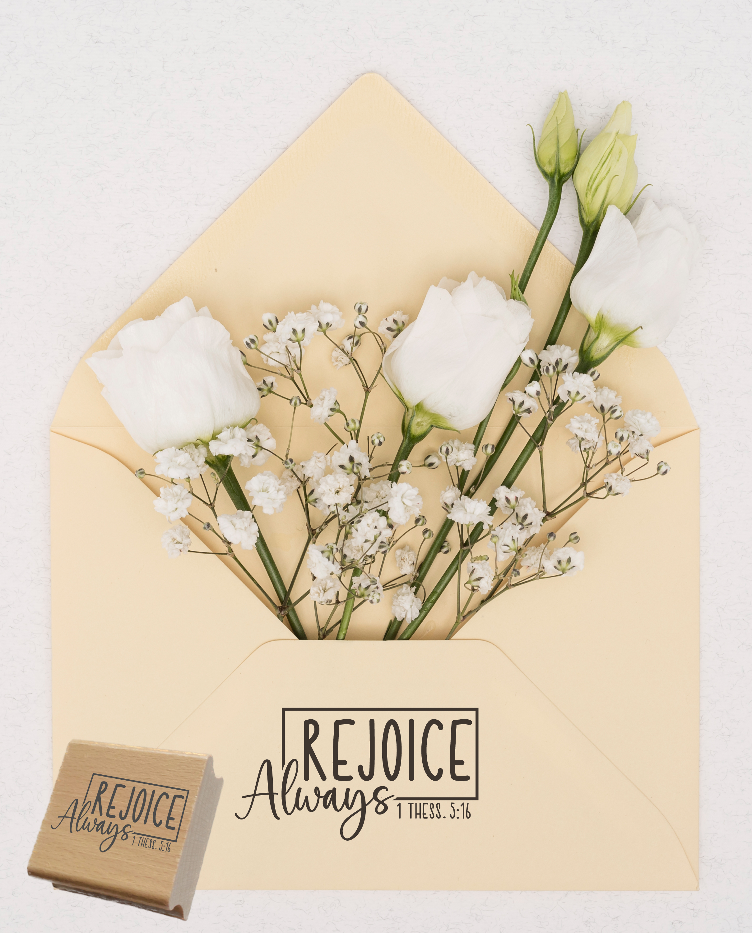 Stempel "Rejoice Always" 1 Thess. 5:16 | Bibelvers Motivstempel mit Rahmen | Holzstempel & Selbstfärber