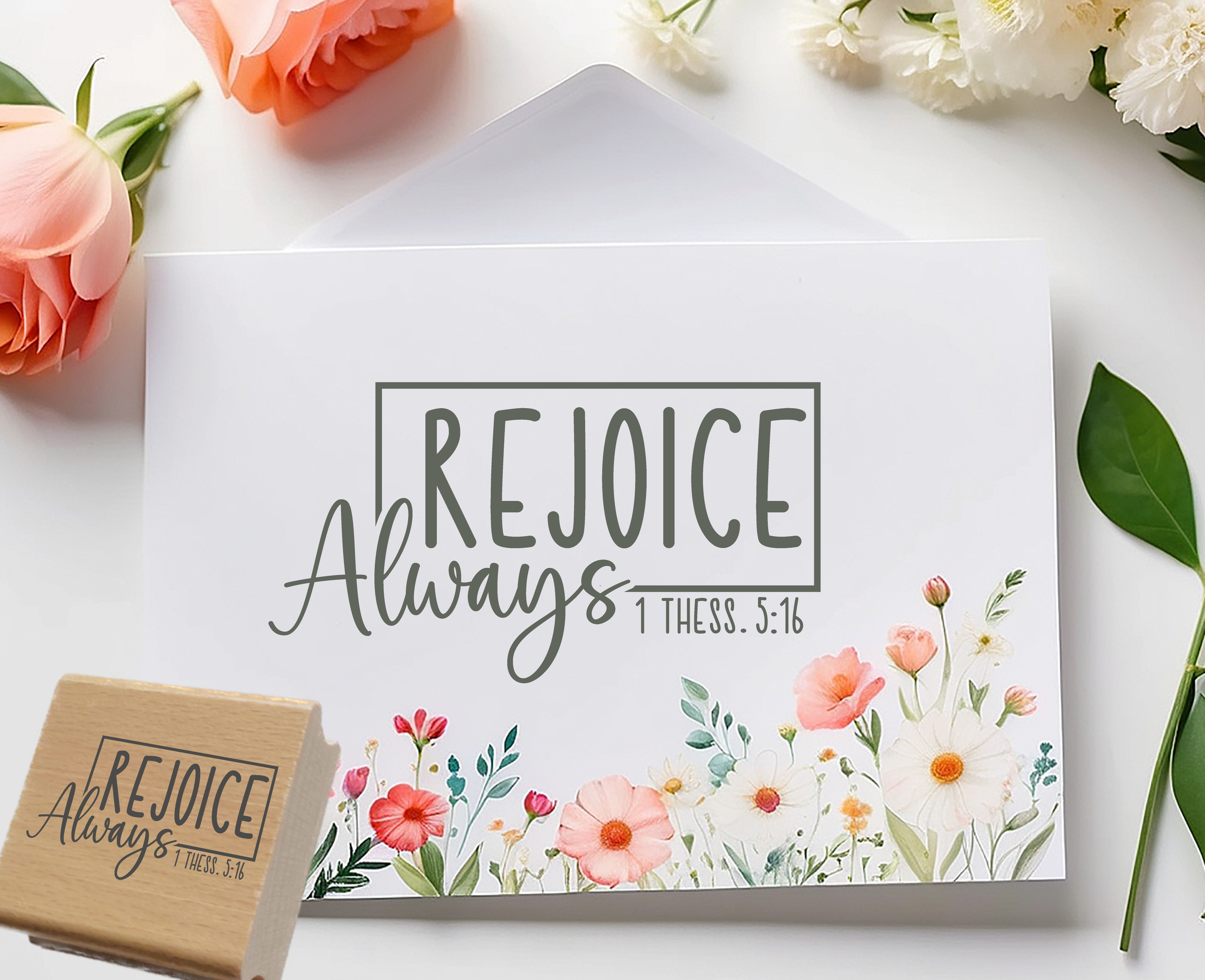 Stempel "Rejoice Always" 1 Thess. 5:16 | Bibelvers Motivstempel mit Rahmen | Holzstempel & Selbstfärber