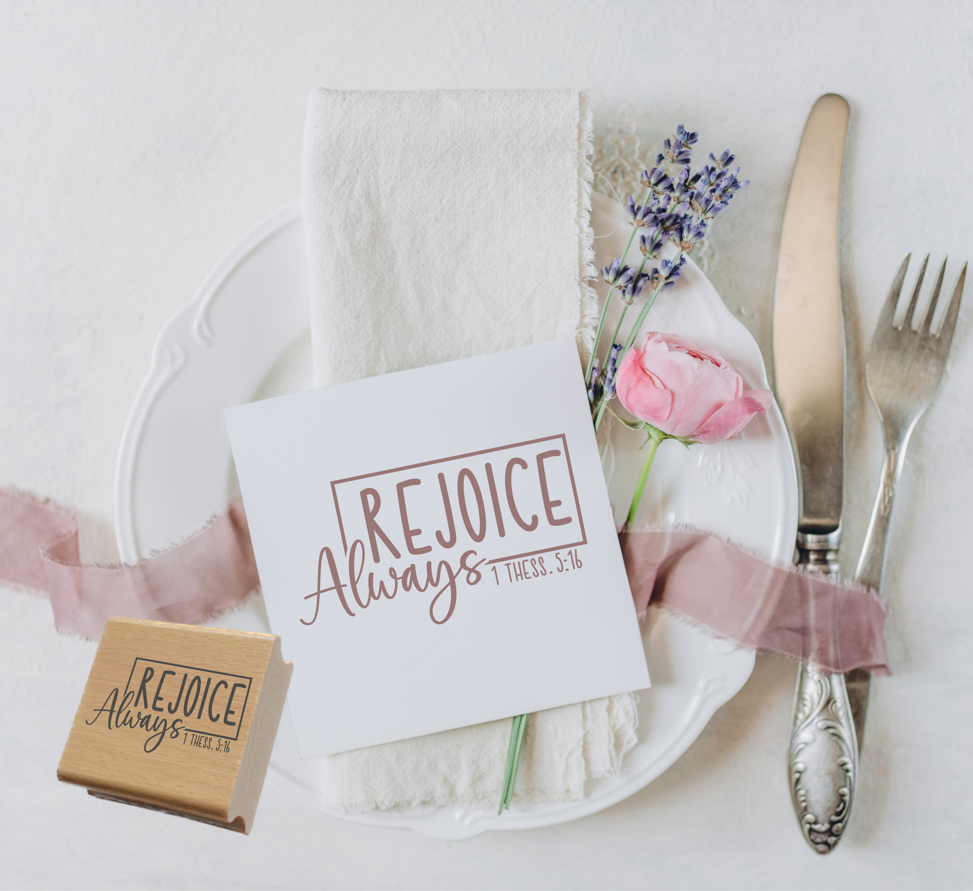 Stempel "Rejoice Always" 1 Thess. 5:16 | Bibelvers Motivstempel mit Rahmen | Holzstempel & Selbstfärber