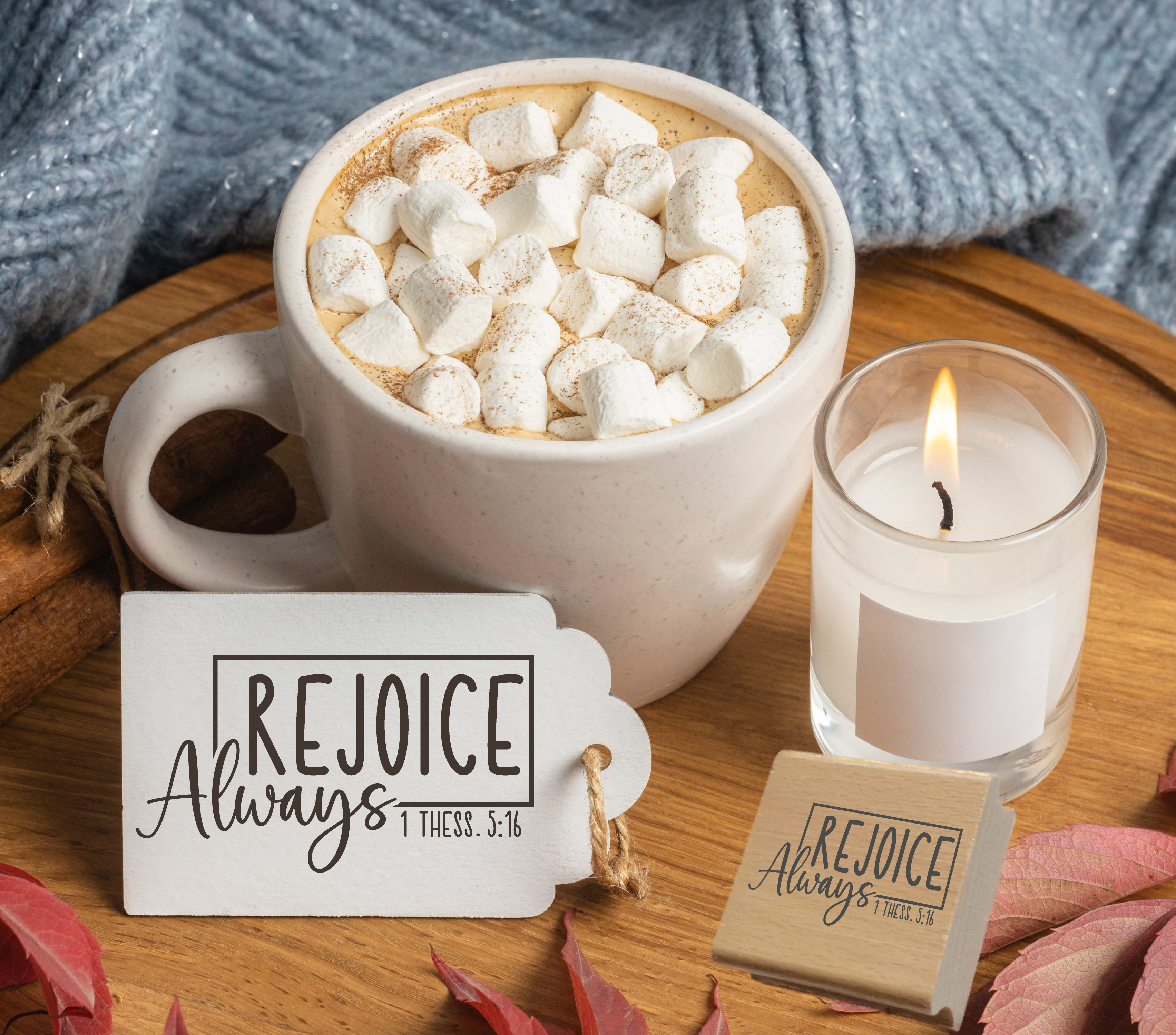 Stempel "Rejoice Always" 1 Thess. 5:16 | Bibelvers Motivstempel mit Rahmen | Holzstempel & Selbstfärber