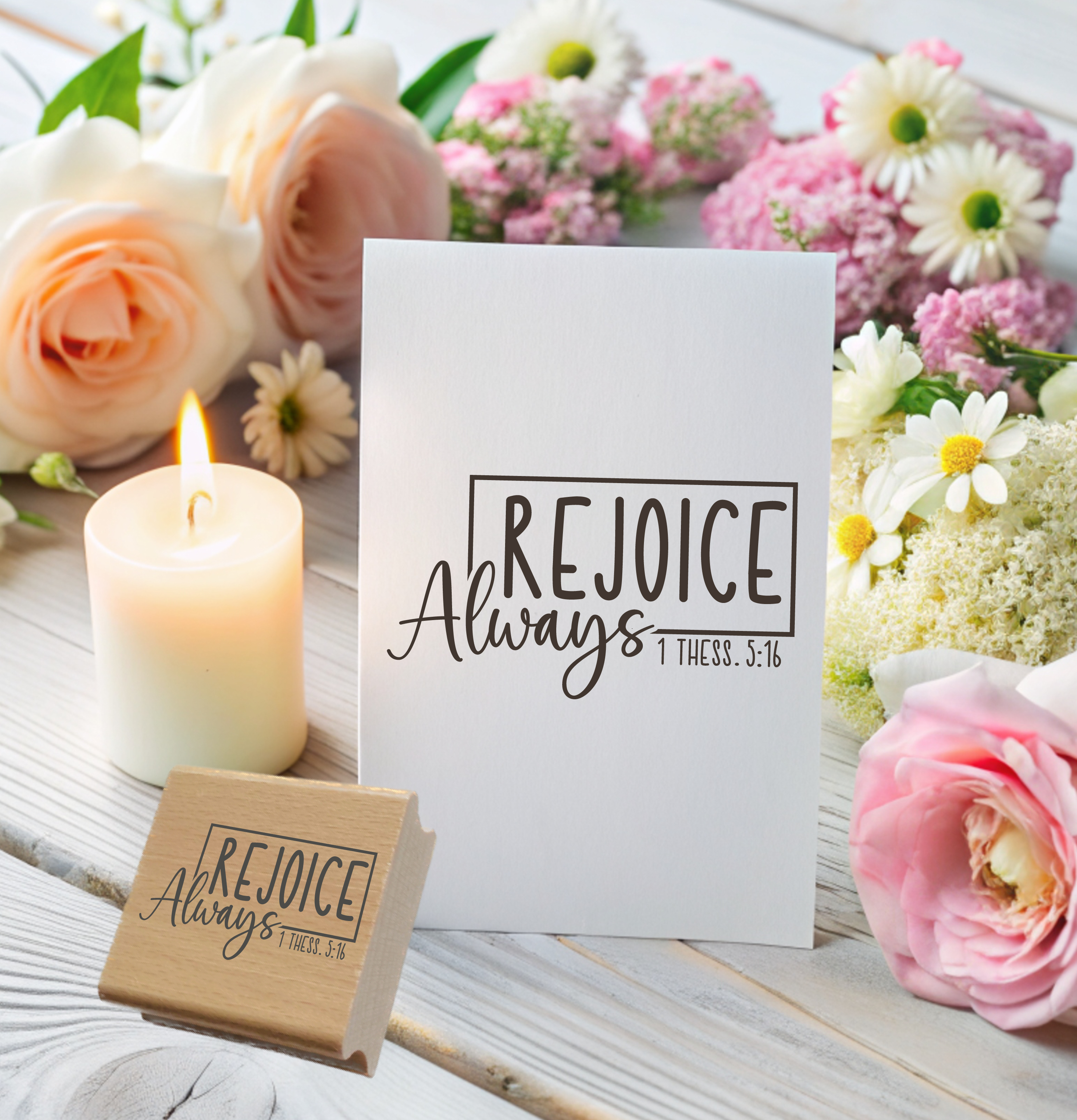 Stempel "Rejoice Always" 1 Thess. 5:16 | Bibelvers Motivstempel mit Rahmen | Holzstempel & Selbstfärber