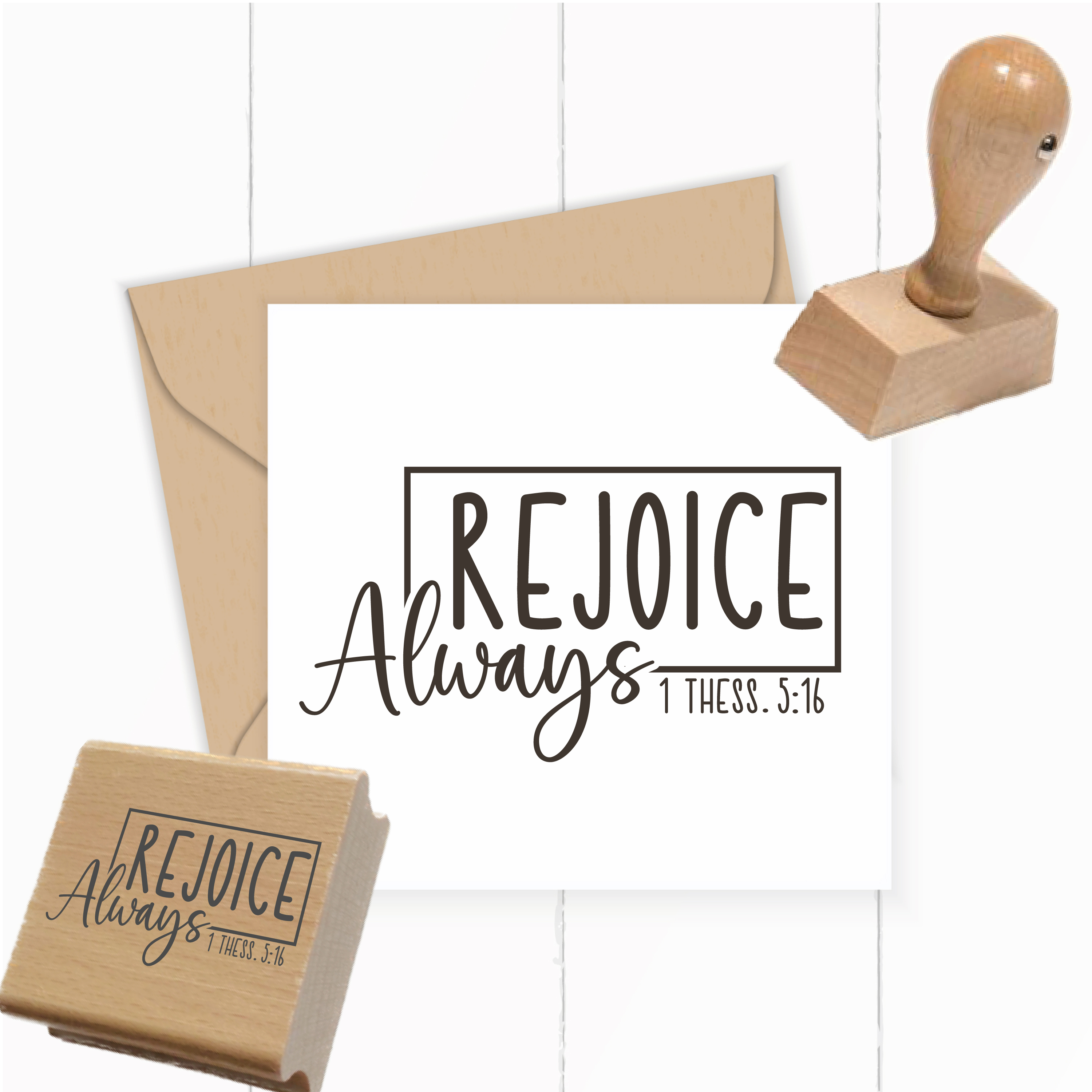 Stempel "Rejoice Always" 1 Thess. 5:16 | Bibelvers Motivstempel mit Rahmen | Holzstempel & Selbstfärber - ST0649