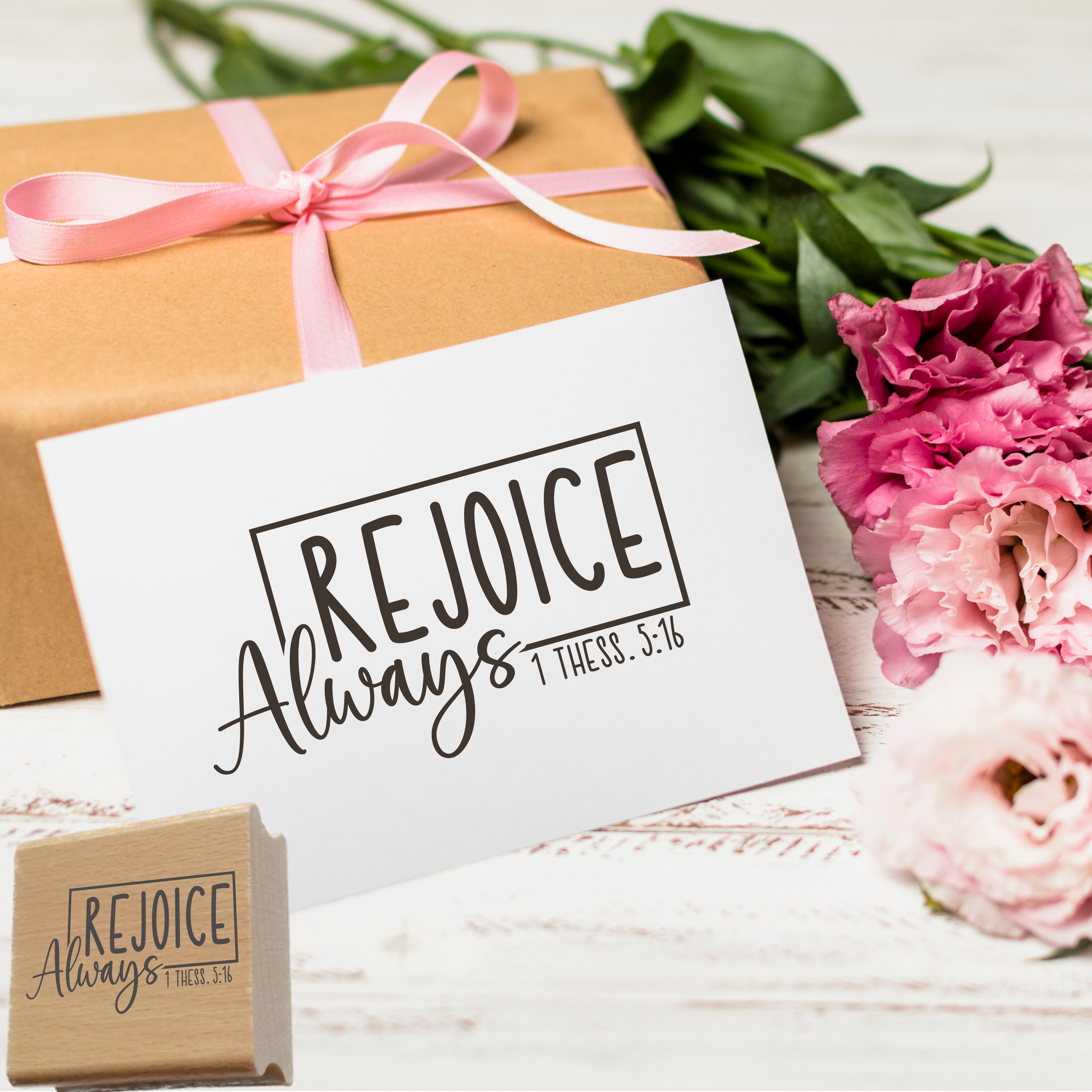 Stempel "Rejoice Always" 1 Thess. 5:16 | Bibelvers Motivstempel mit Rahmen | Holzstempel & Selbstfärber