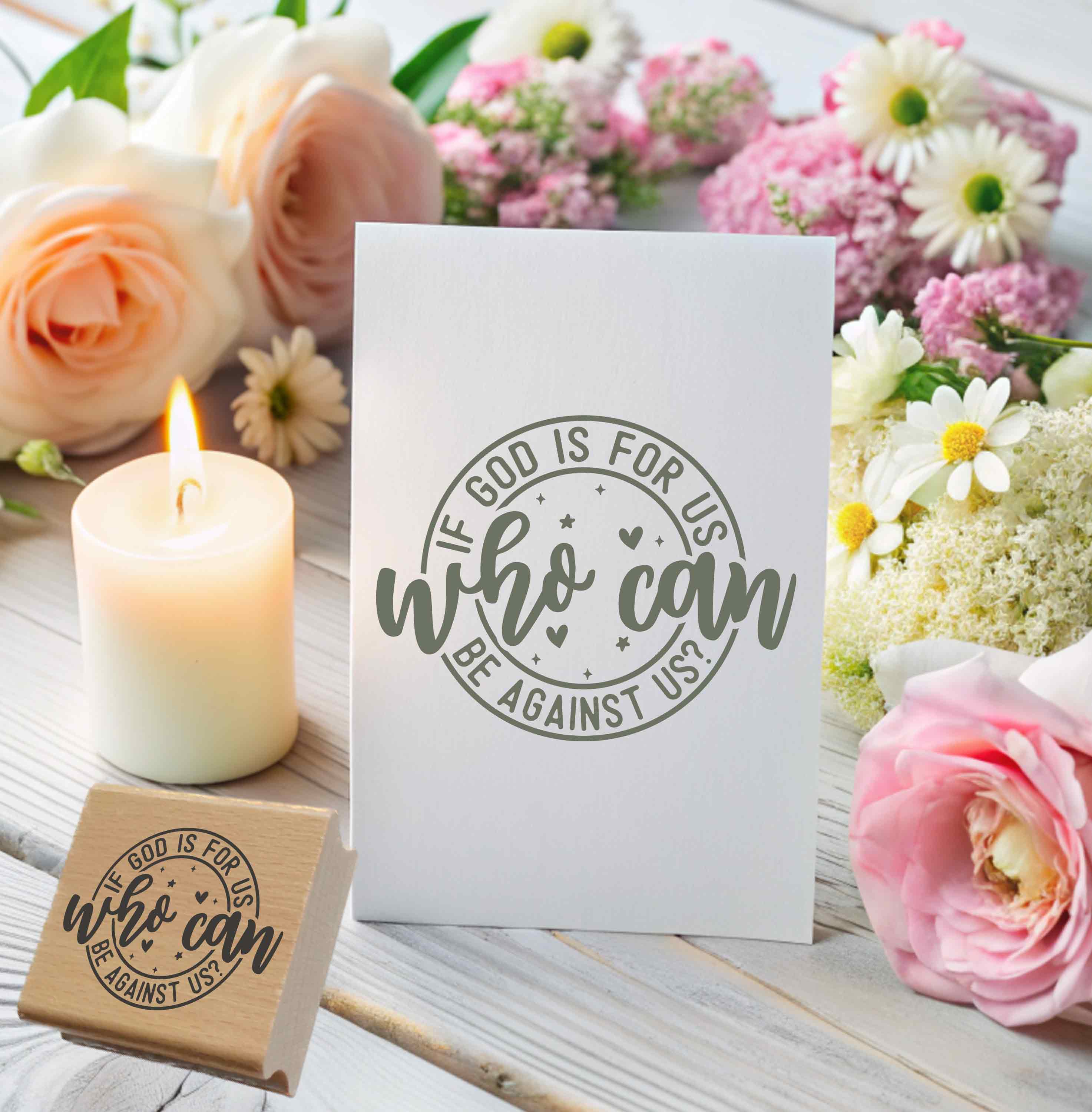 Stempel "If God is for us, who can be against us?" | Rundes Design mit Herz & Sternen