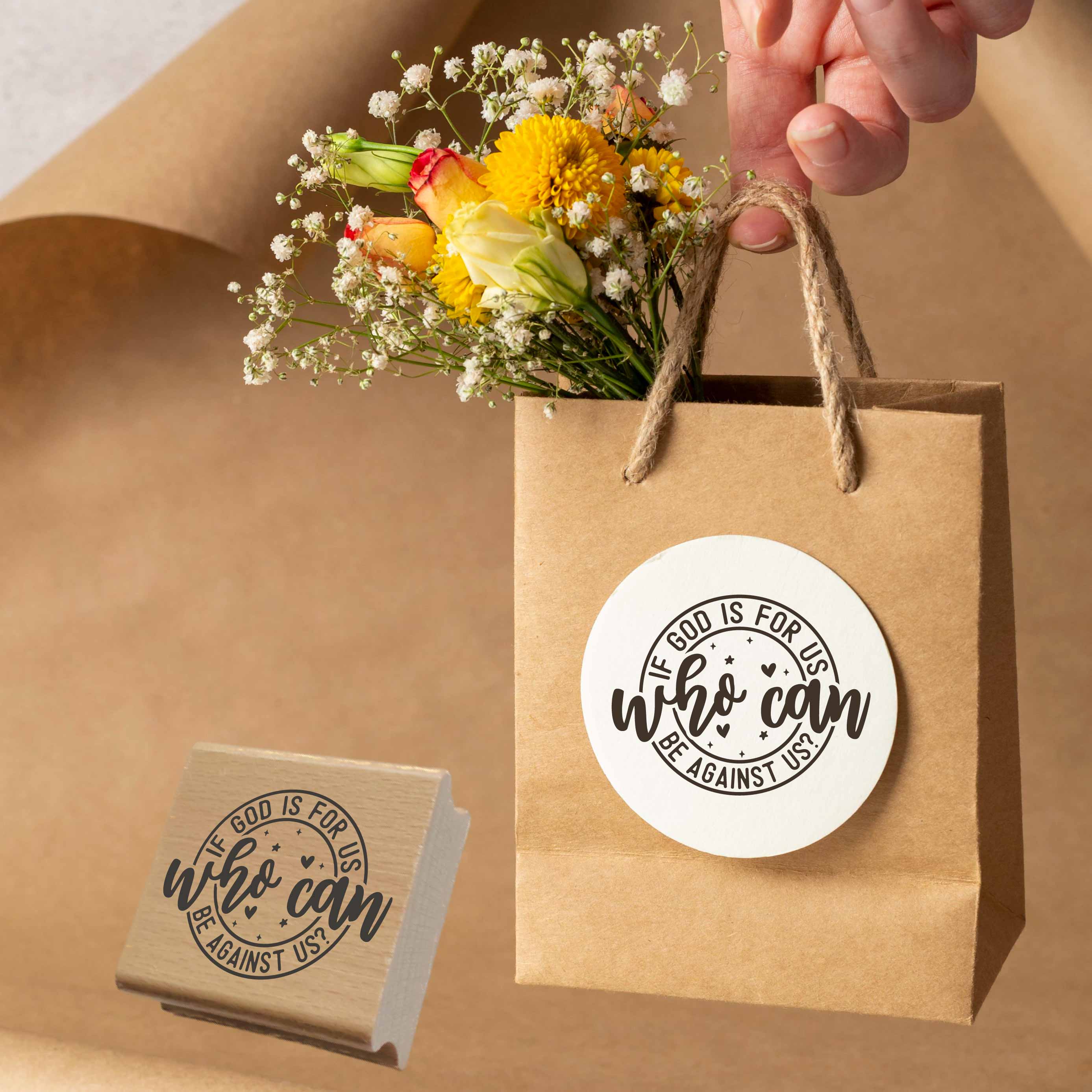 Stempel "If God is for us, who can be against us?" | Rundes Design mit Herz & Sternen