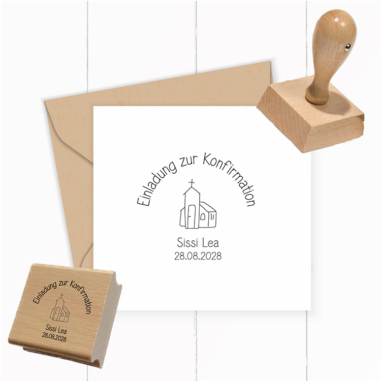 Personalisierter Konfirmationsstempel „Kirche“ – Einladung zur Konfirmation mit Namen & Datum – Holzstempel & Automatikstempel (4 bis 10 cm) - ST0661