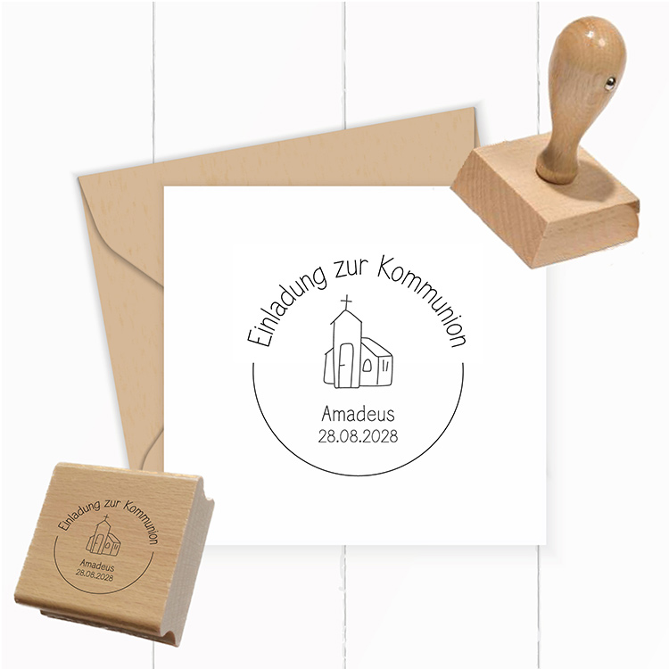 Personalisierter Kommunionsstempel „Kirche im Kreis“ – Einladung zur Kommunion mit Name & Datum – Holzstempel & Selbstfärber (4 bis 10 cm)