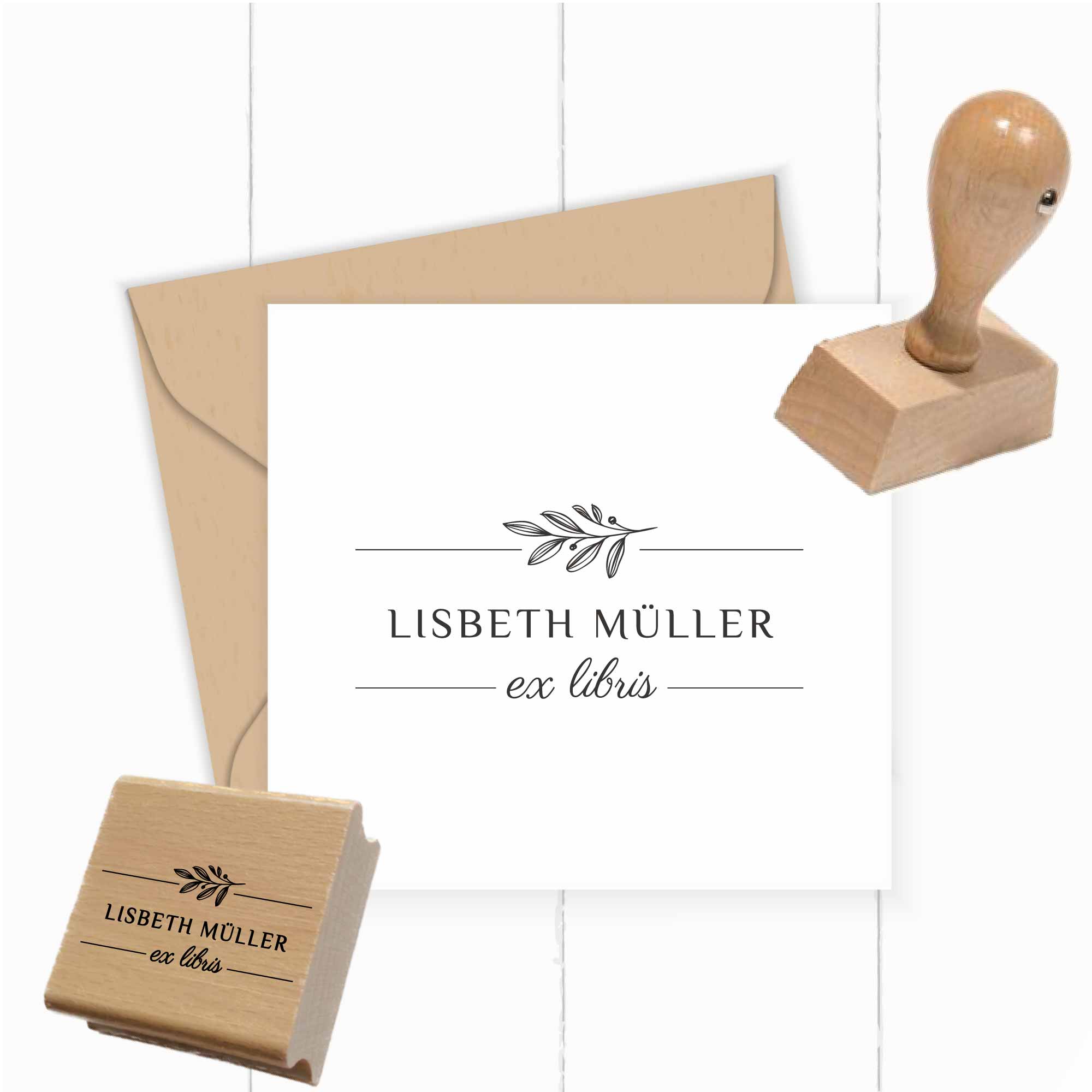Eleganter Ex Libris Stempel | mit Zweig und deinem Wunschnamen - ST0516