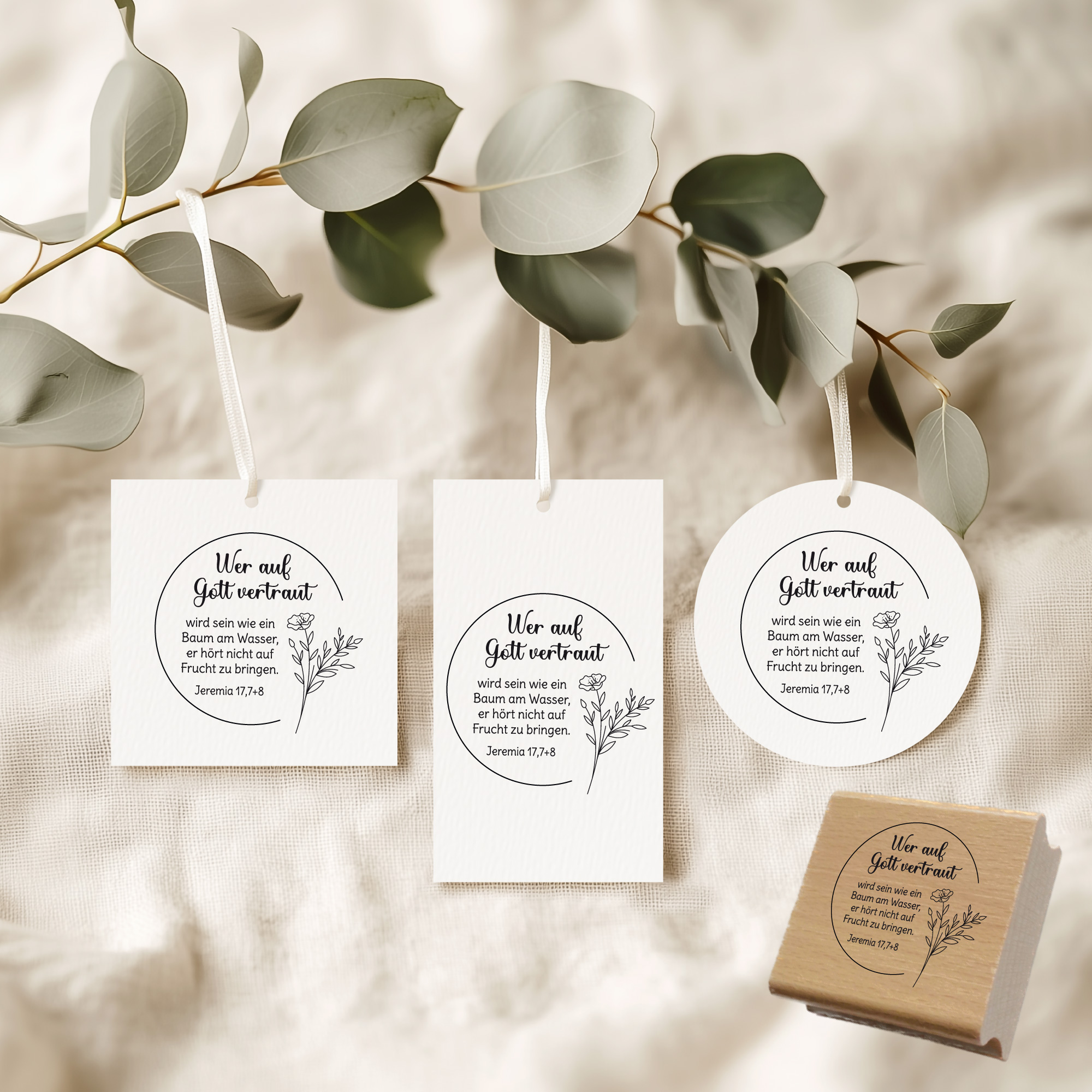 Bibelvers-Stempel "Wer auf Gott vertraut wird sein wie ein Baum am Wasser" nach Jeremia 17,7+8 