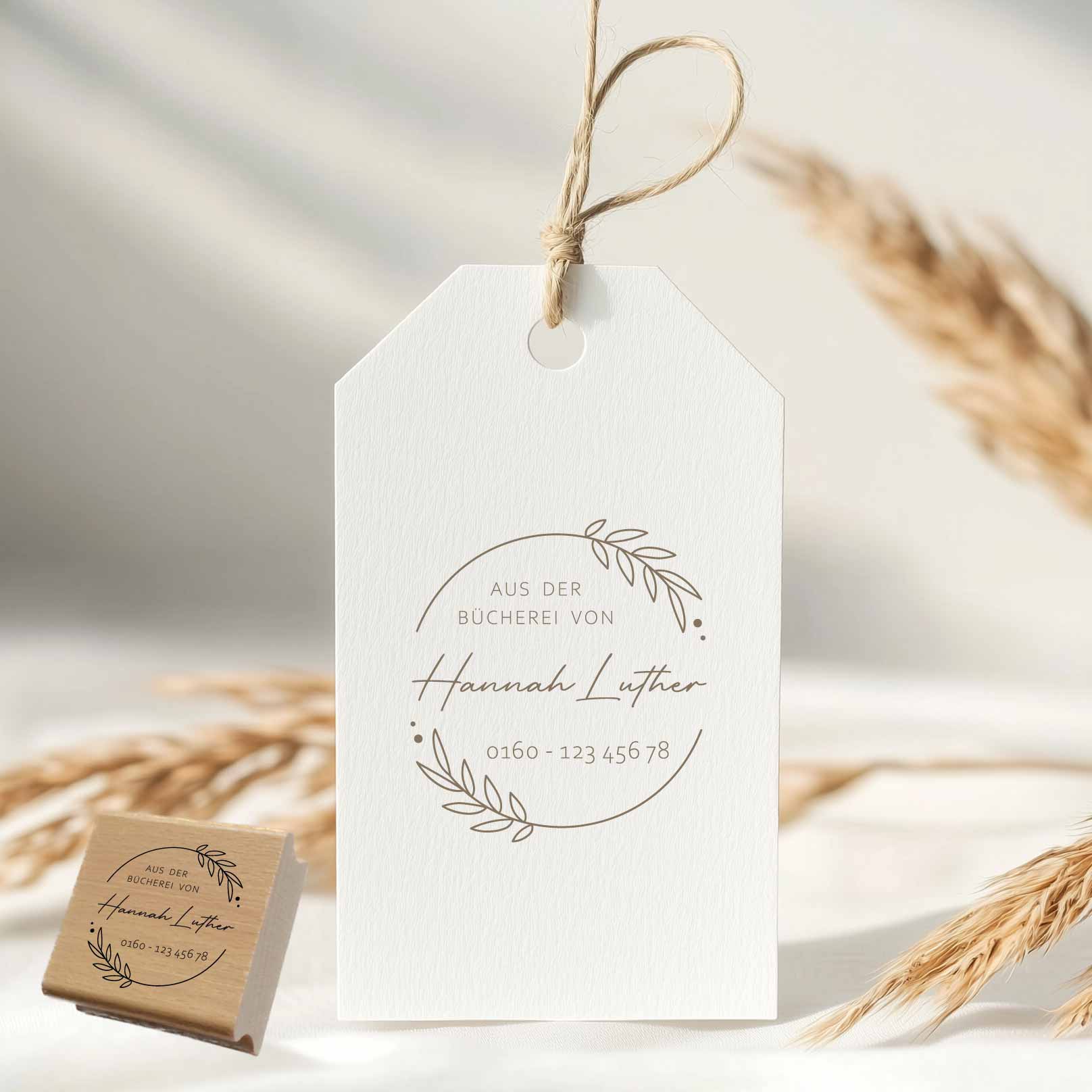 Exlibris Stempel | Blätterkranz – mit Name & Telefonnummer