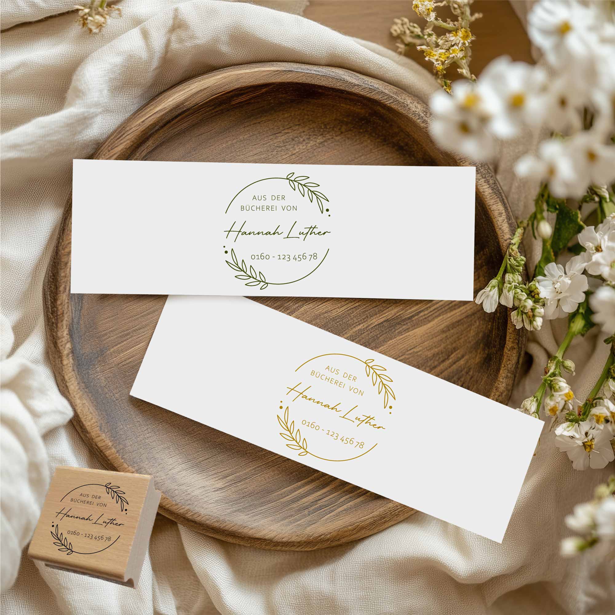 Exlibris Stempel | Blätterkranz – mit Name & Telefonnummer