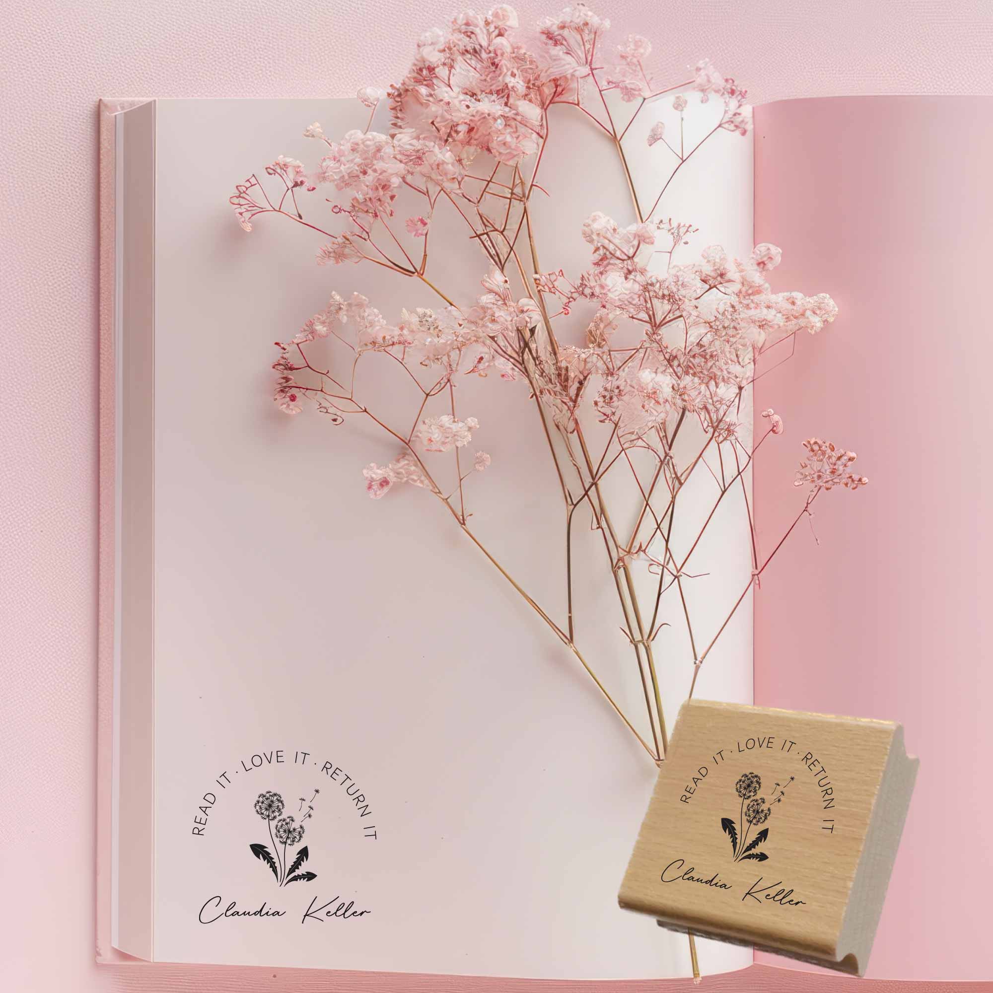 Bücherstempel mit Pusteblume Read it. Love it. Return it. 