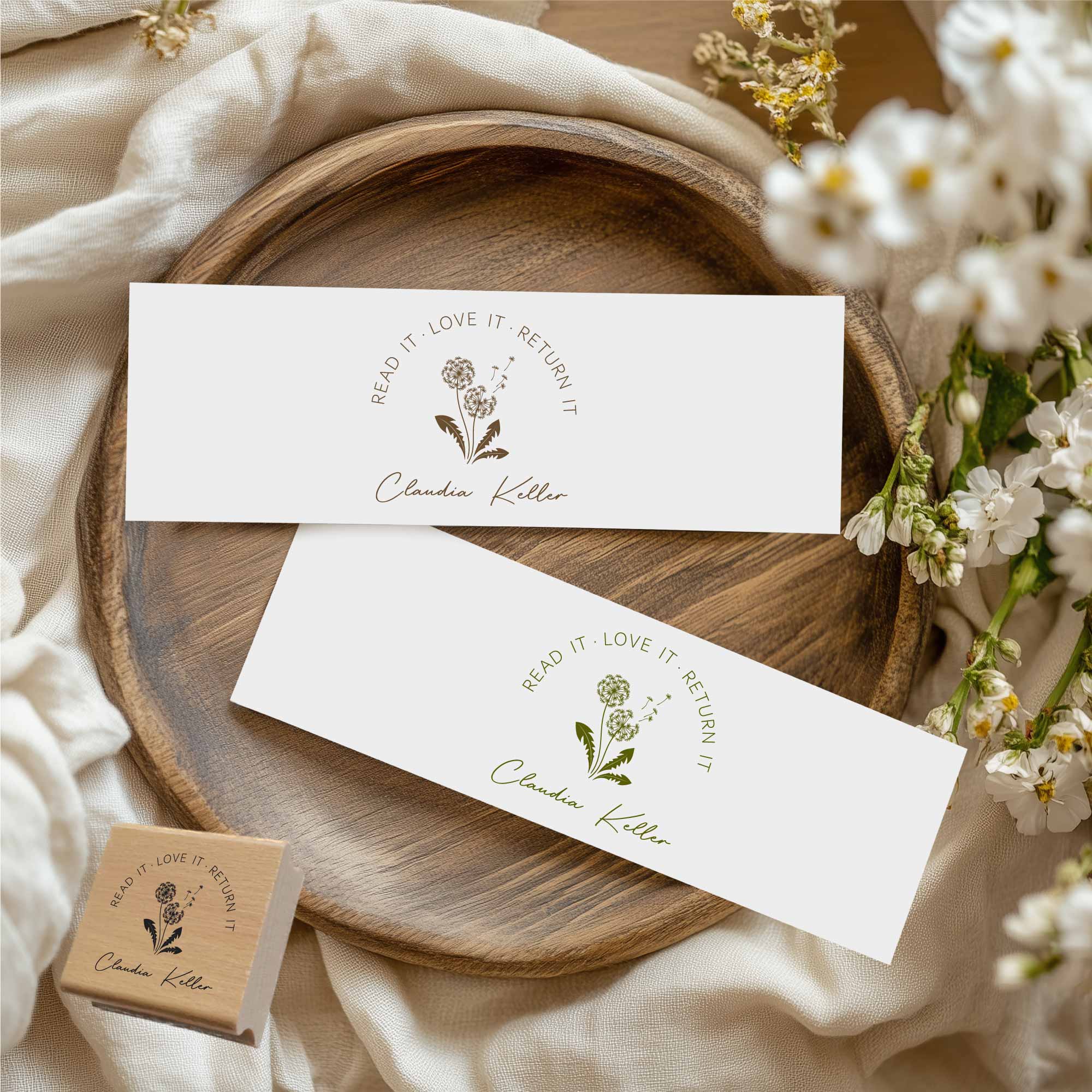 Bücherstempel mit Pusteblume Read it. Love it. Return it. 