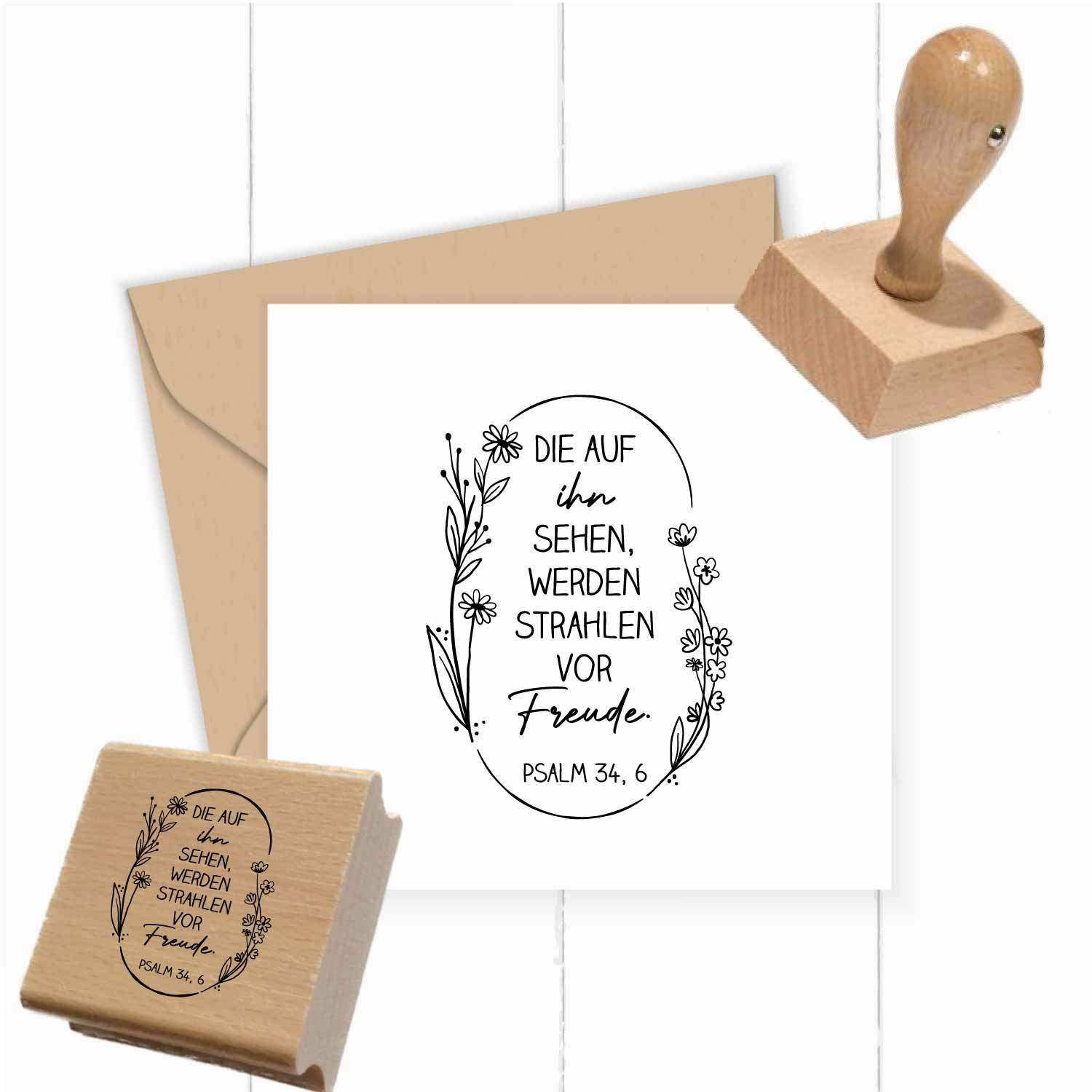 Bibelversstempel - Die auf den Herrn sehen werden strahlen vor Freude - Psalm 34,6