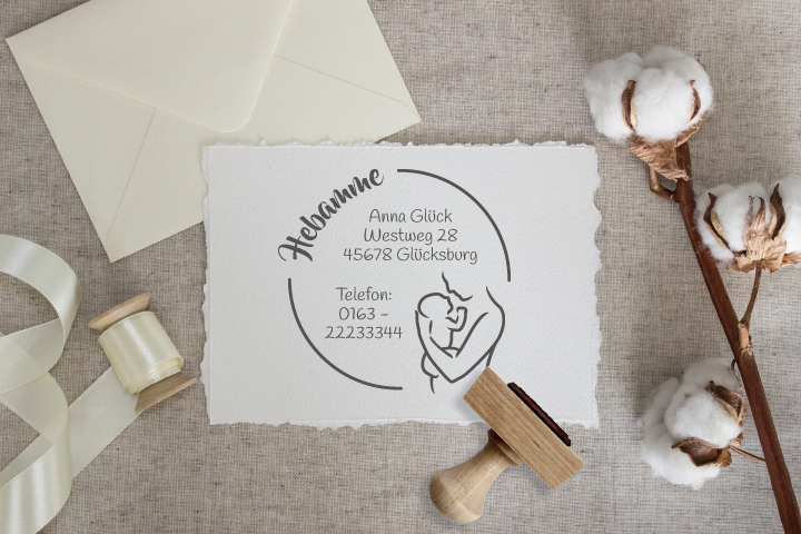 großer AdressSTEMPEL für Hebammen und Geburtshelfer "Babyglück"
