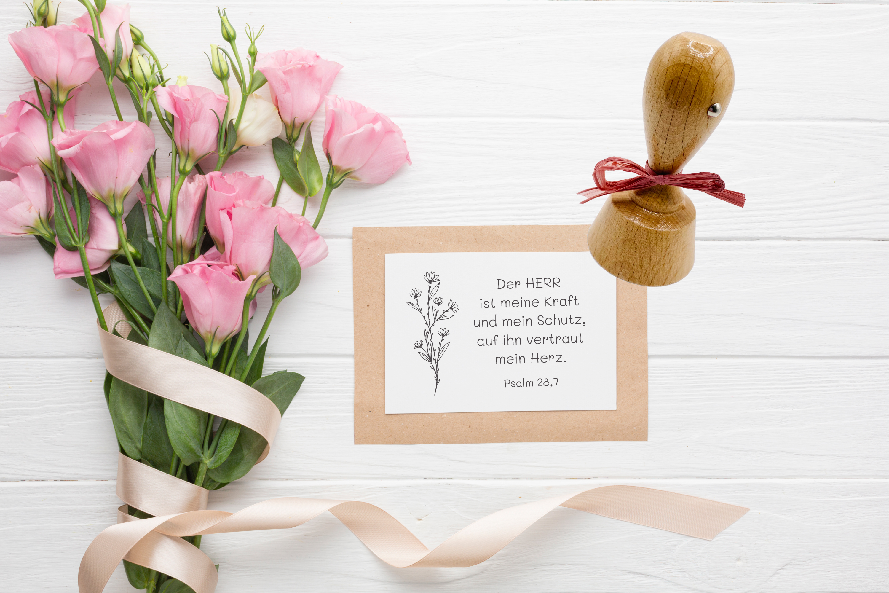 Floraler Bibelvers-STEMPEL "Psalm 28,7 - Der Herr ist meine Kraft"