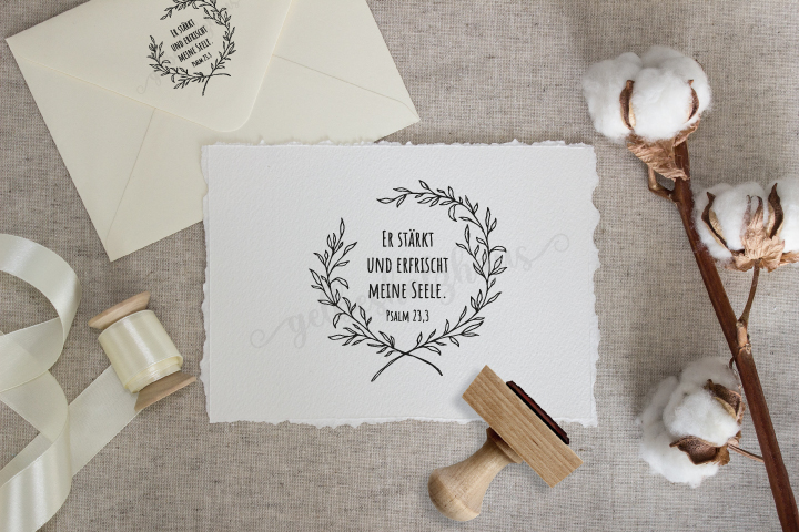 Bibelvers-STEMPEL "Psalm 23, 3 - Er stärkt und erfrischt meine Seele"