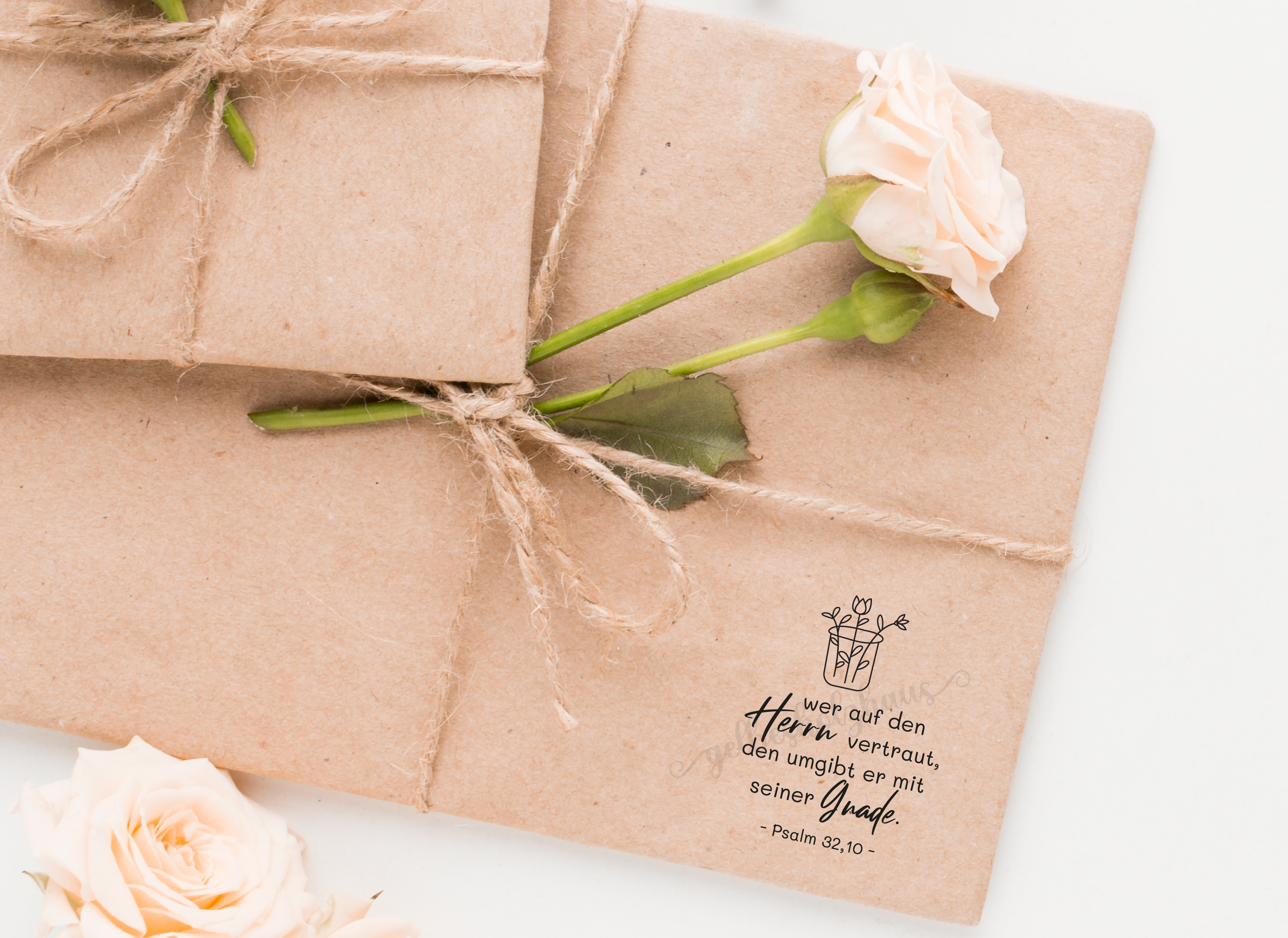 Floraler BibelversSTEMPEL "Psalm 32,10 - wer auf den Herrn vertraut"