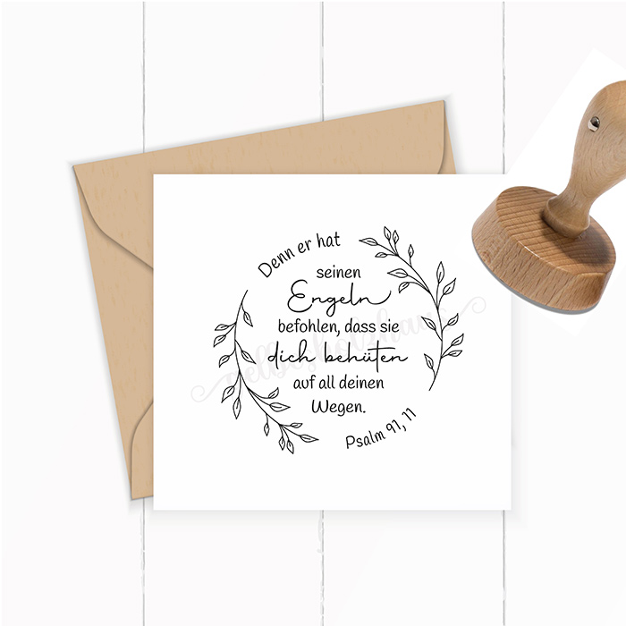 Bibelvers STEMPEL Blätterkranz "Psalm 91, 11 - Denn er hat seinen Engeln befohlen" 