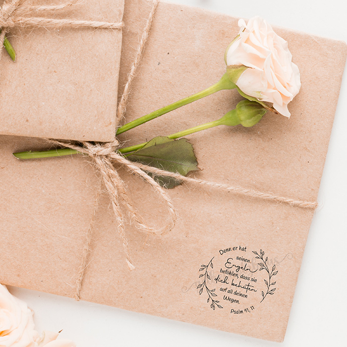 Bibelvers STEMPEL Blätterkranz "Psalm 91, 11 - Denn er hat seinen Engeln befohlen" 