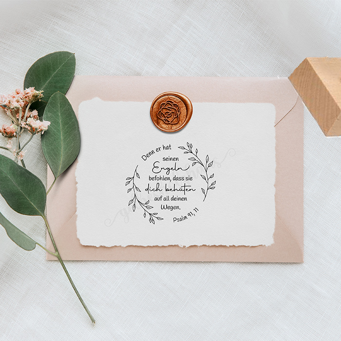 Bibelvers STEMPEL Blätterkranz "Psalm 91, 11 - Denn er hat seinen Engeln befohlen" 