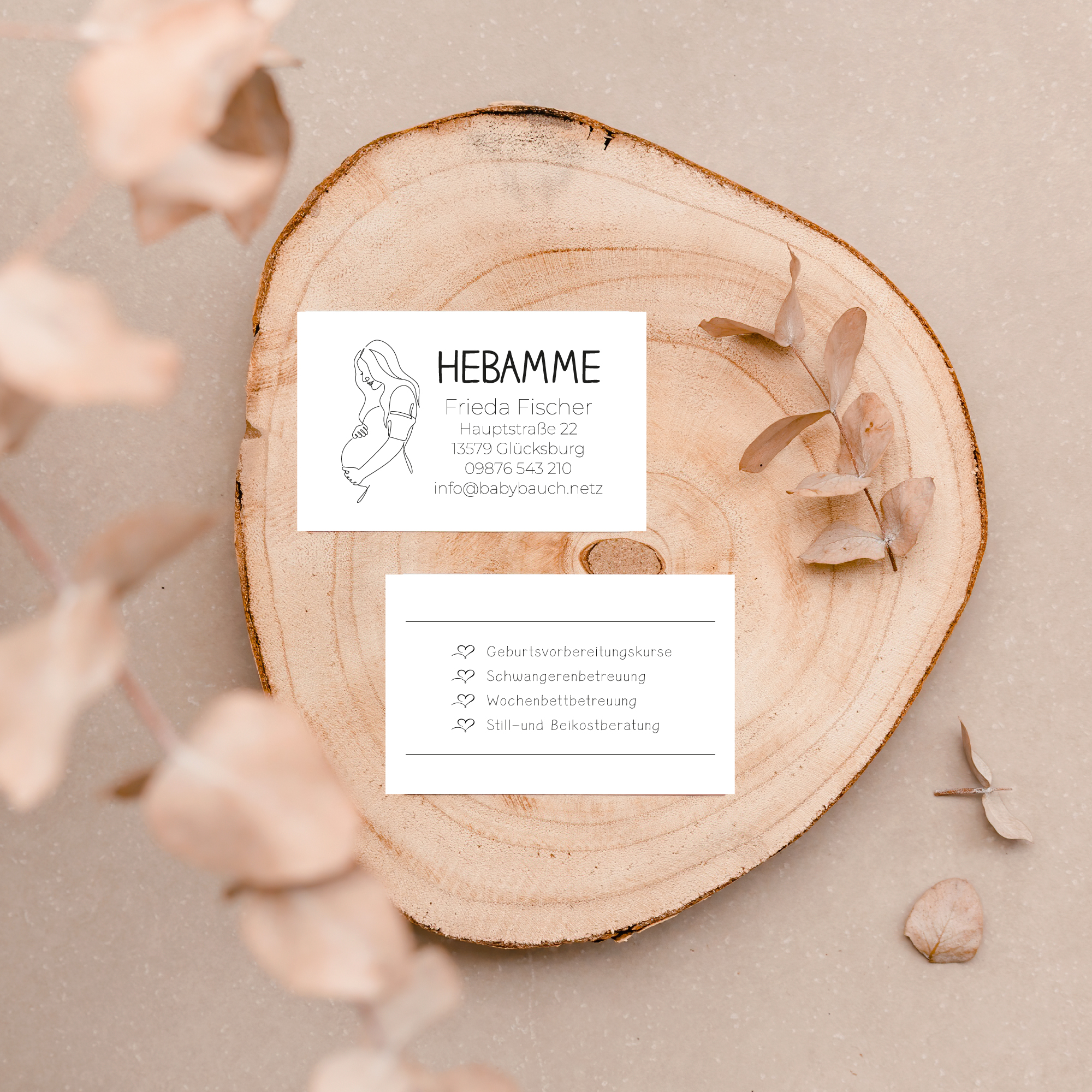 Visitenkarten für den Mutterpass | Hebammen & Doula Karten im Stempel-Look "Frieda" 350g matt