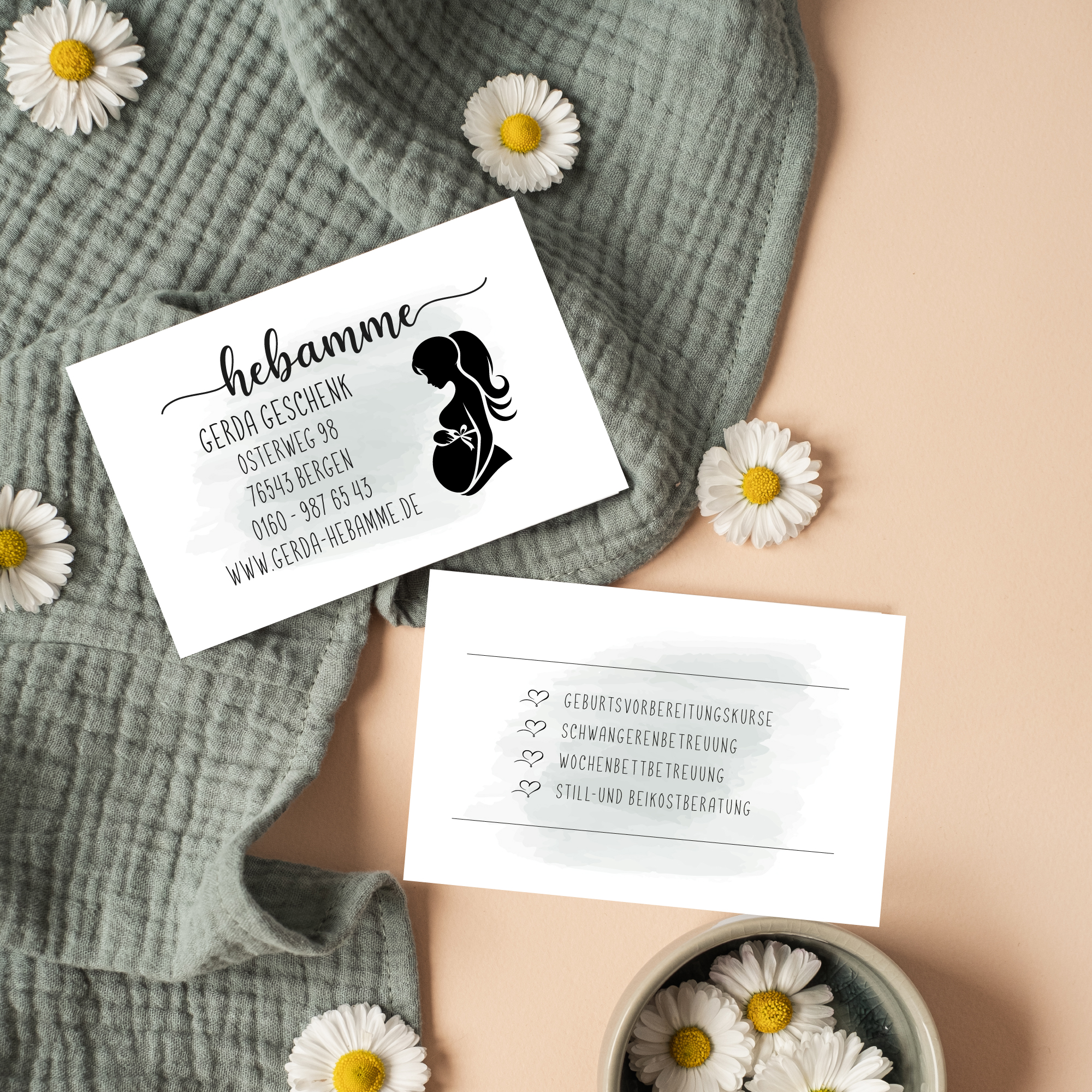 Visitenkarten Hebamme & Doula "Gerda" | Mattes Premium 350g matt Papier für Geburtsbegleitung 