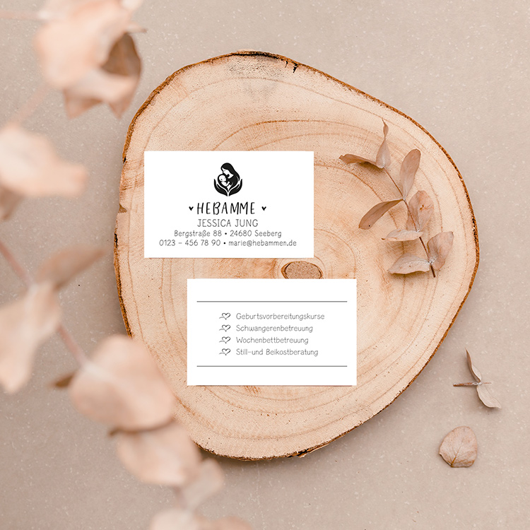 Hebammenstempel Visitenkarten-Set "Jessica" | 350g Offset-Papier passend zum Stempel