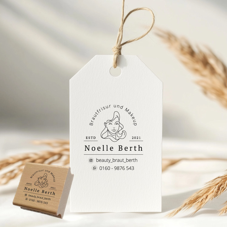Personalisierter Logo Stempel mit Instagram & WhatsApp – Eleganter Visitenkarten Stempel für Brautstyling, Kosmetik, Make-up Artist, Hochzeitsplaner 