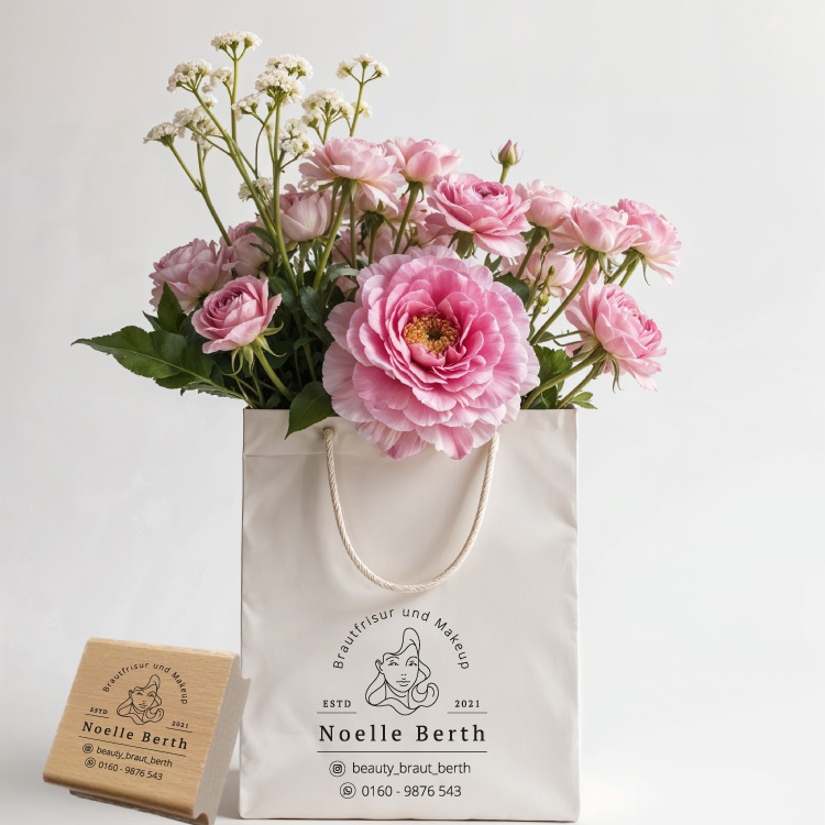 Personalisierter Logo Stempel mit Instagram & WhatsApp – Eleganter Visitenkarten Stempel für Brautstyling, Kosmetik, Make-up Artist, Hochzeitsplaner 