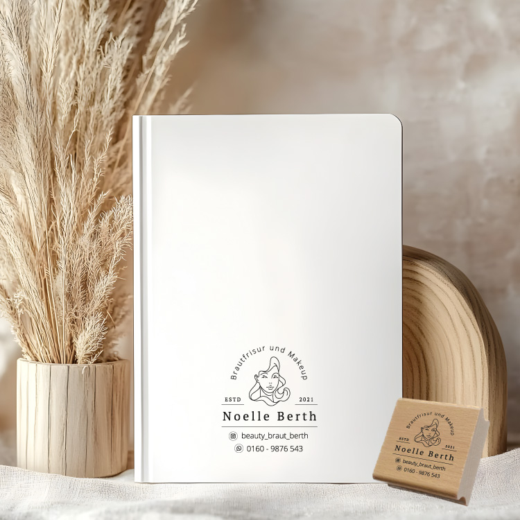 Personalisierter Logo Stempel mit Instagram & WhatsApp – Eleganter Visitenkarten Stempel für Brautstyling, Kosmetik, Make-up Artist, Hochzeitsplaner 
