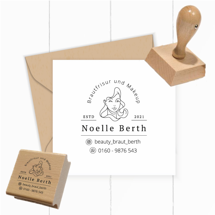 Personalisierter Logo Stempel mit Instagram & WhatsApp – Eleganter Visitenkarten Stempel für Brautstyling, Kosmetik, Make-up Artist, Hochzeitsplaner  - ST0665