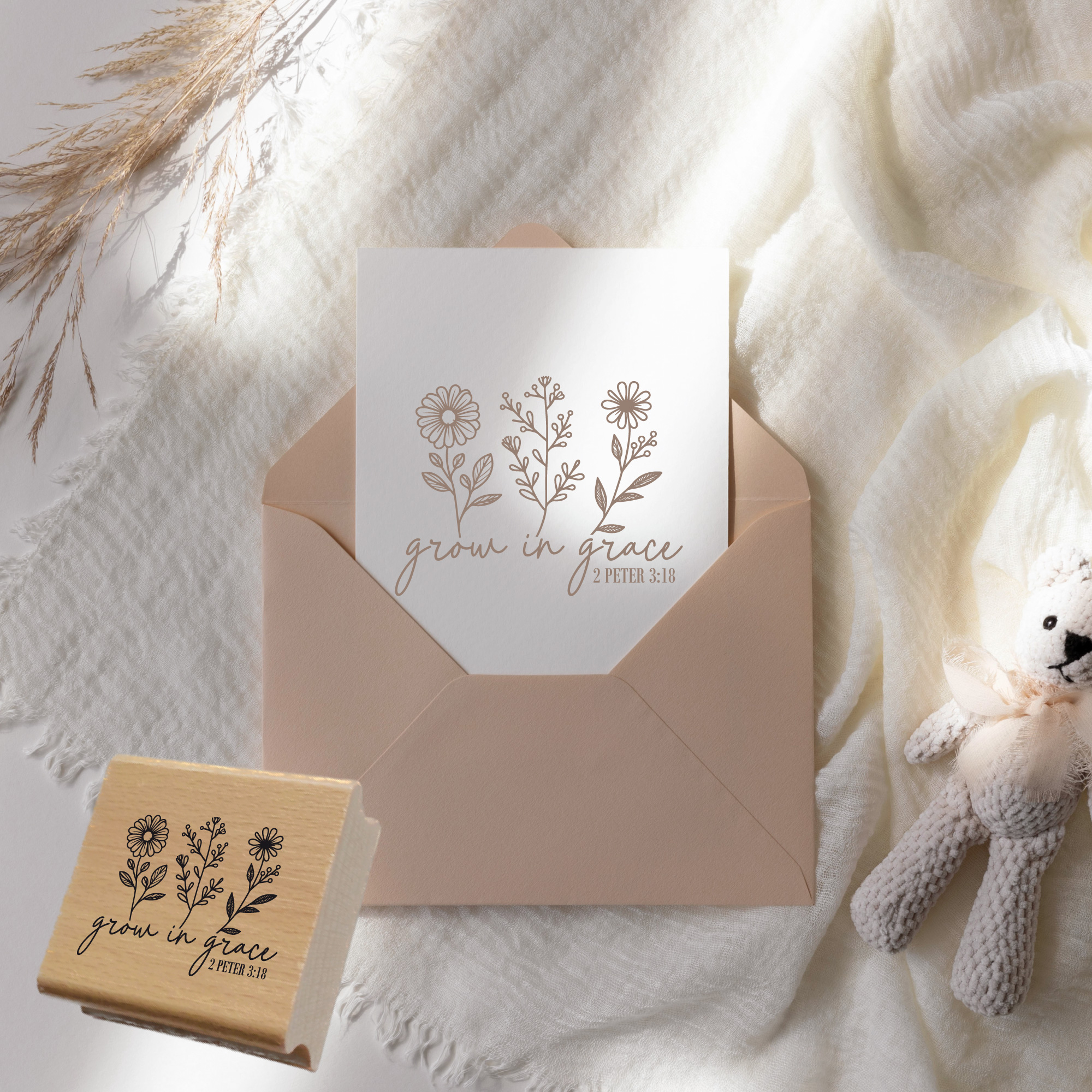 Floraler Stempel Grow in grace – Wildblumen & Bibelvers 2. Petrus 3,18